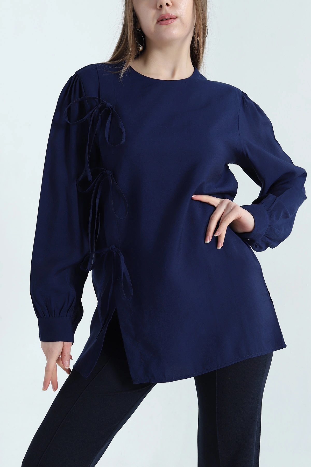 Lacivert Yandan Bağlamlı Gömlek Bluz 338761