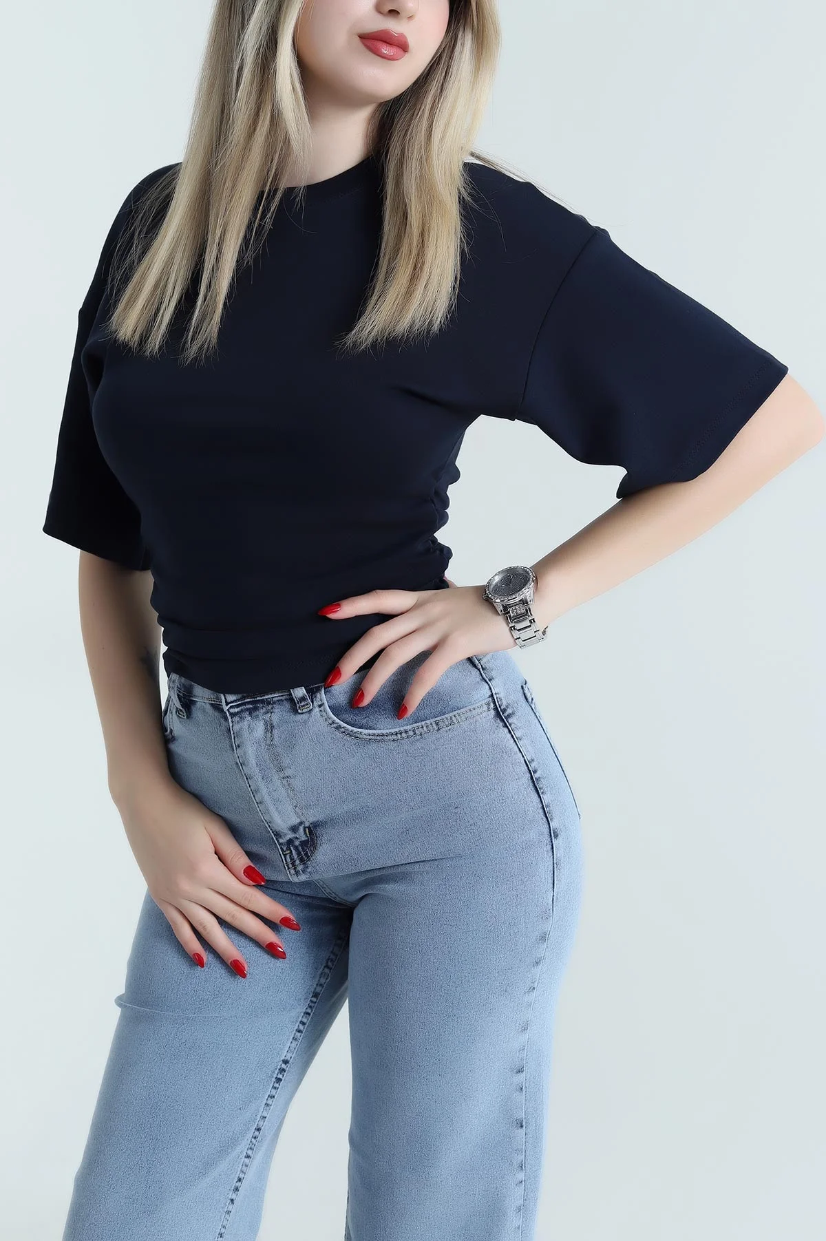 Lacivert Yanı Büzgülü Kompak Kadın Bluz 467690