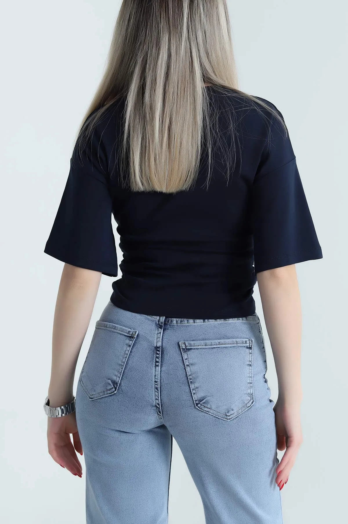 Lacivert Yanı Büzgülü Kompak Kadın Bluz 467690