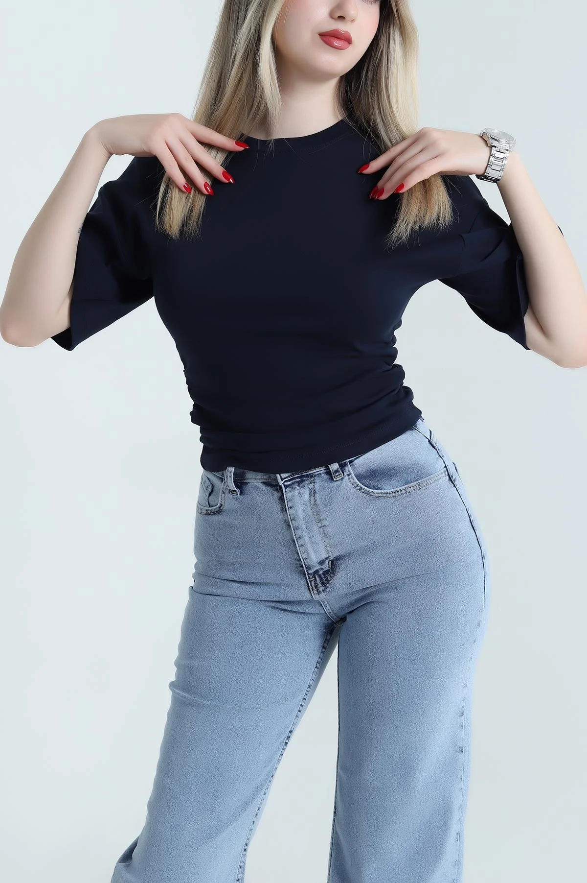 Lacivert Yanı Büzgülü Kompak Kadın Bluz 467690