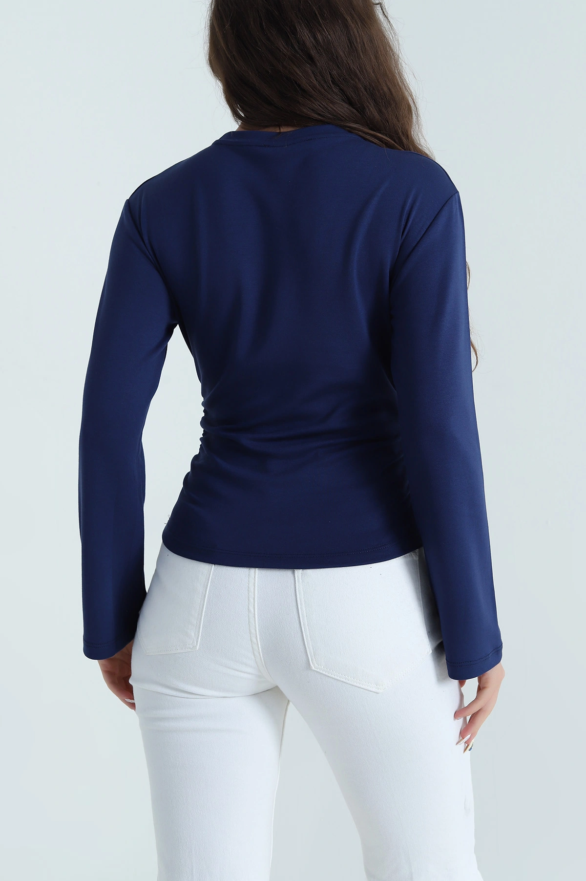 Lacivert Yanı Büzgülü Modal Kadın Bluz 484399
