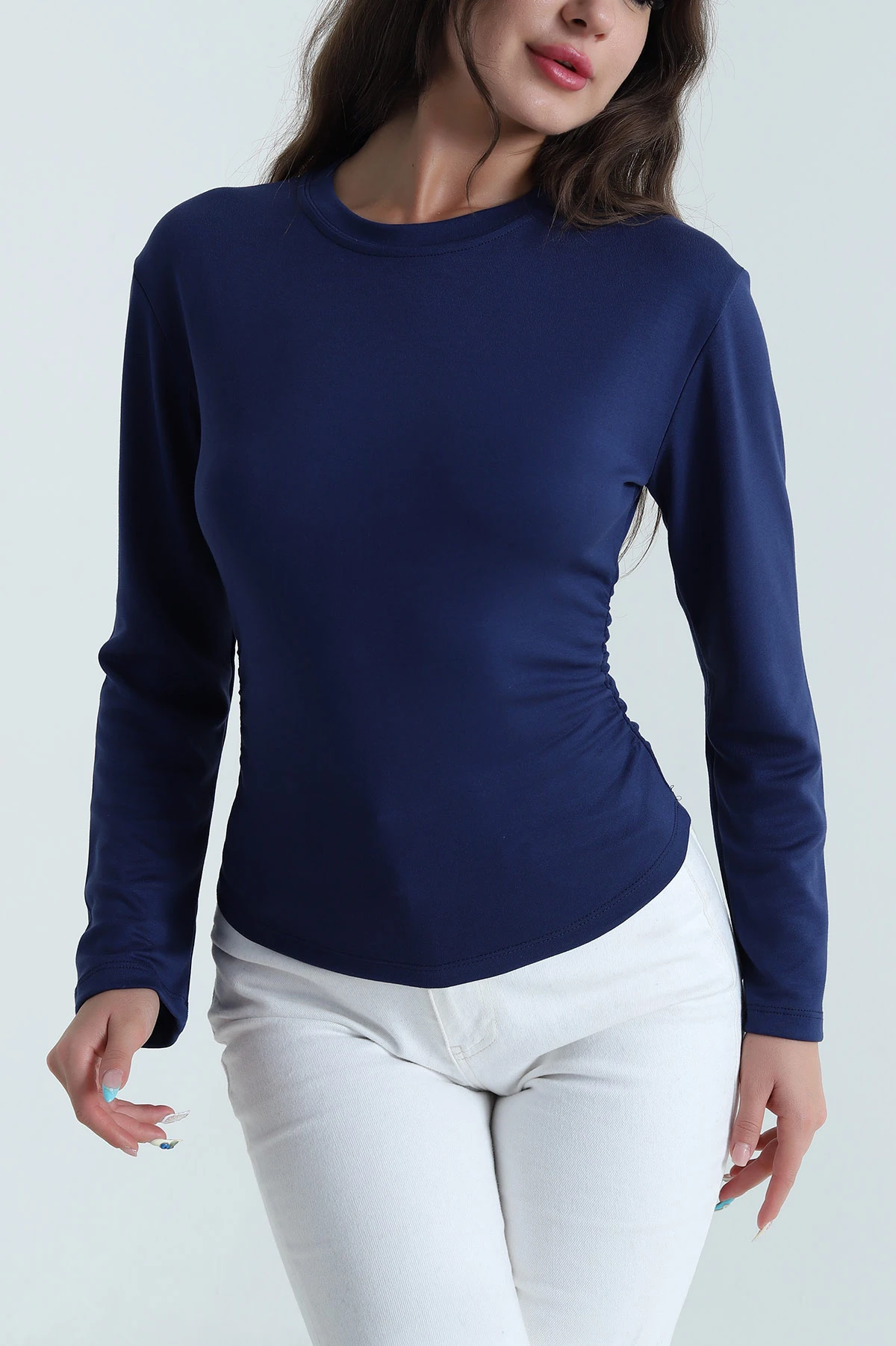 Lacivert Yanı Büzgülü Modal Kadın Bluz 484399