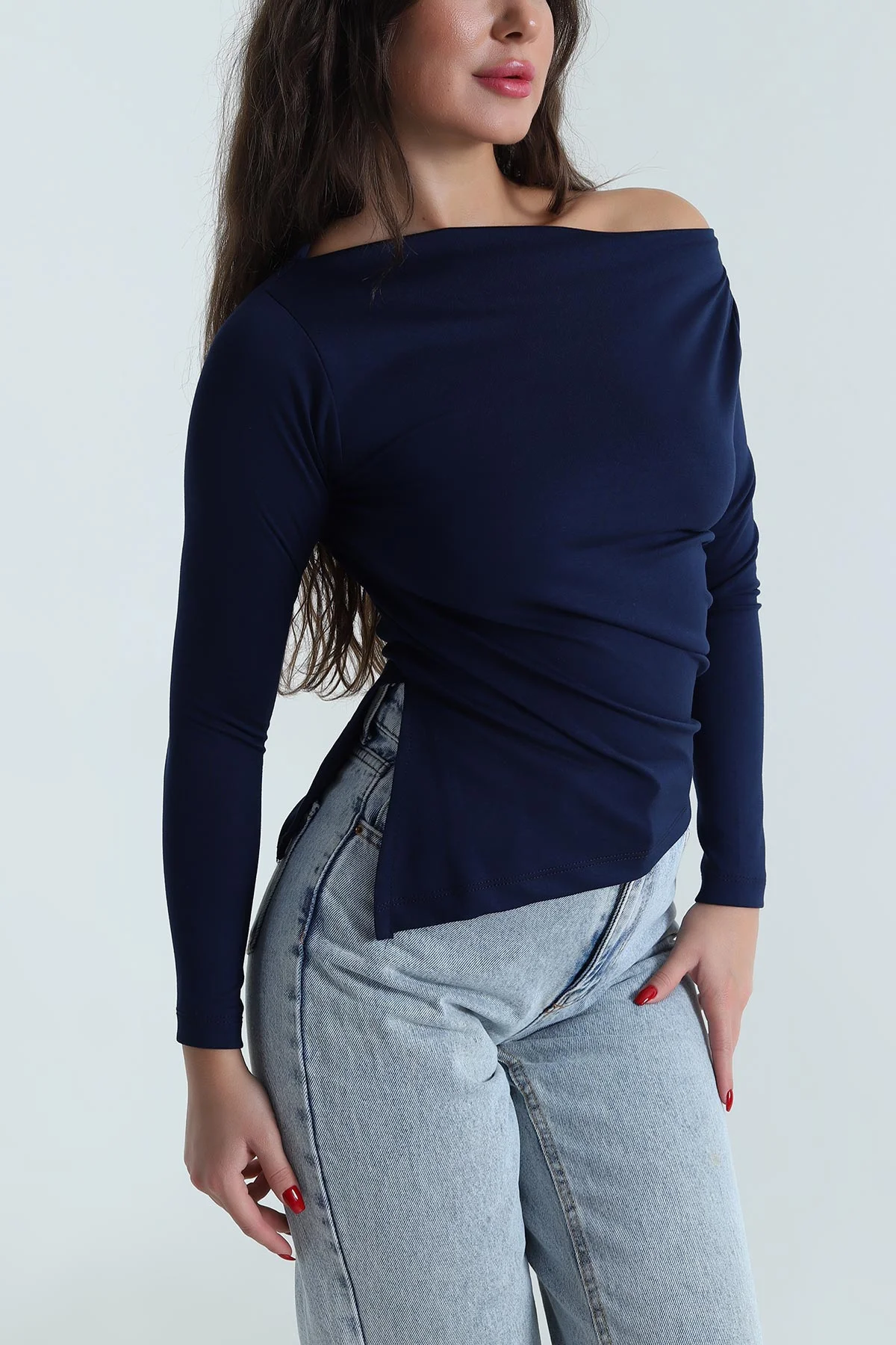 Lacivert Yanı Yırtmaçlı Oysho Kadın Bluz 489593