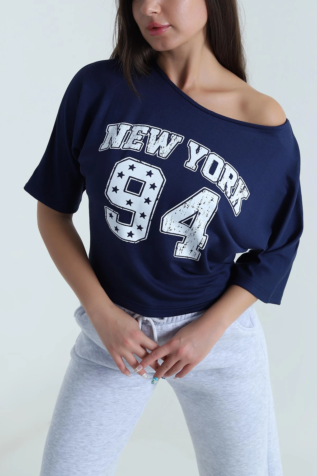 Lacivert Yarasa Kol Baskılı Kadın Kristal Bluz 483252