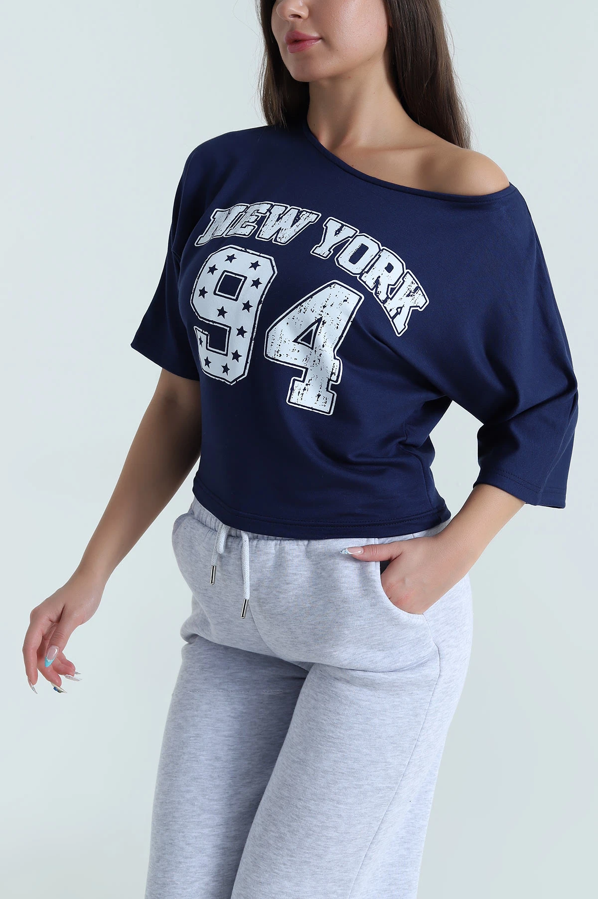 Lacivert Yarasa Kol Baskılı Kadın Kristal Bluz 483252