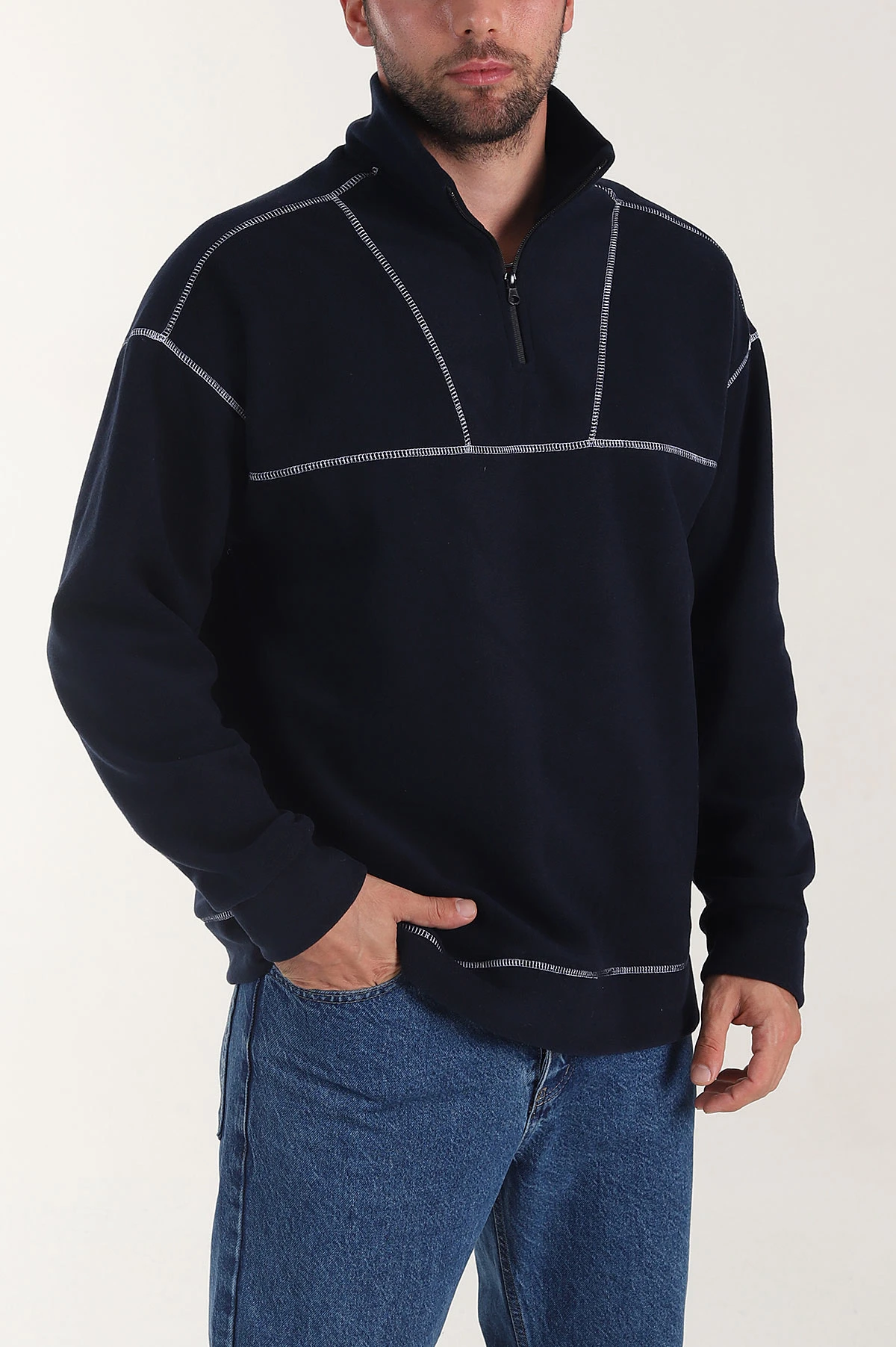 Lacivert Yarım Fermuarlı Dik Yaka Dikiş Detaylı Polar Kumaş Erkek Sweatshirt 404321