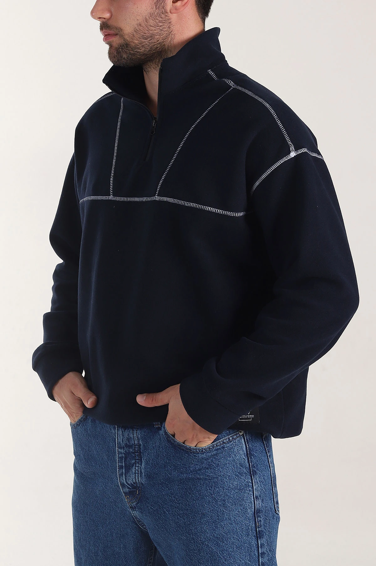 Lacivert Yarım Fermuarlı Dik Yaka Dikiş Detaylı Polar Kumaş Erkek Sweatshirt 404321