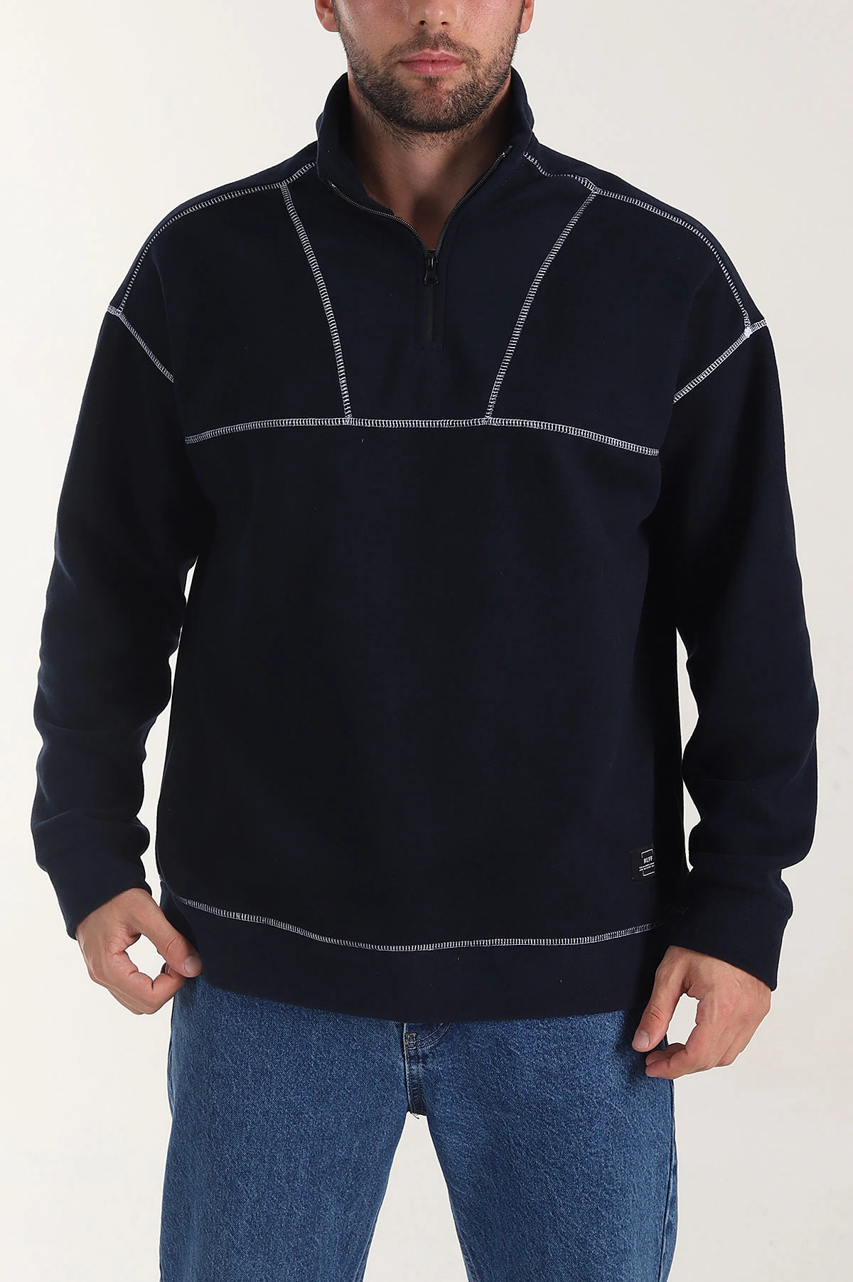 Lacivert Yarım Fermuarlı Dik Yaka Dikiş Detaylı Polar Kumaş Erkek Sweatshirt 404321