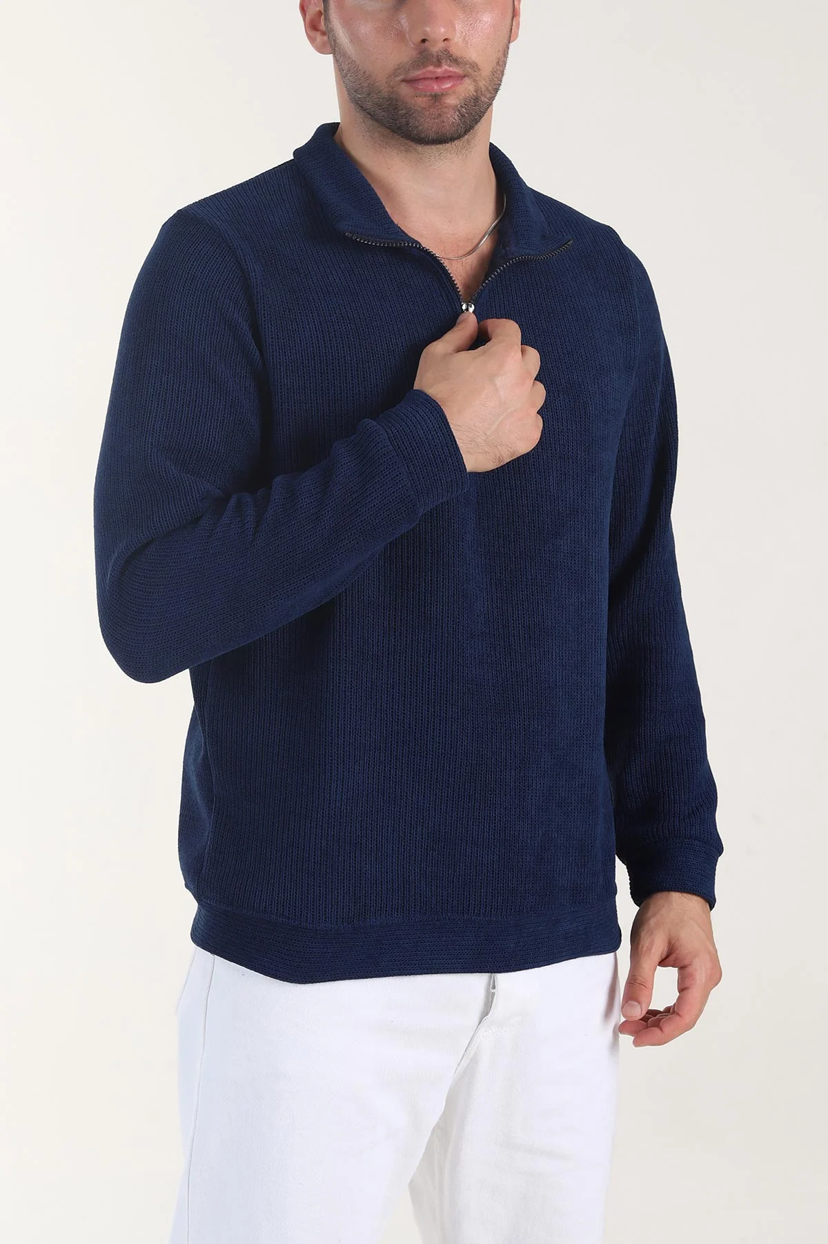 Lacivert Yarım Fermuarlı Jakar Erkek Triko 407299