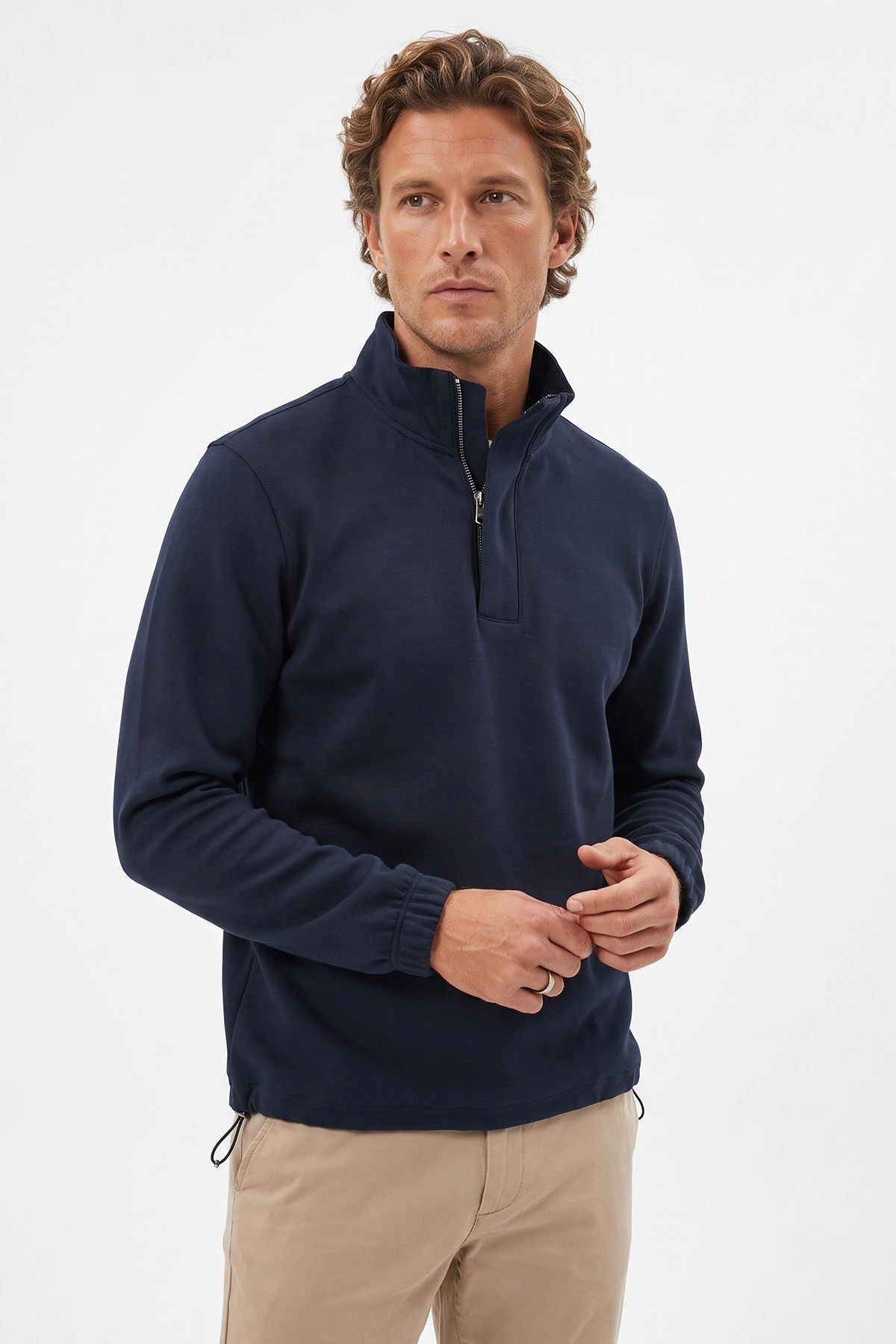 Lacivert Yarım Fermuarlı Lastik Detaylı Erkek Sweatshirt 492052