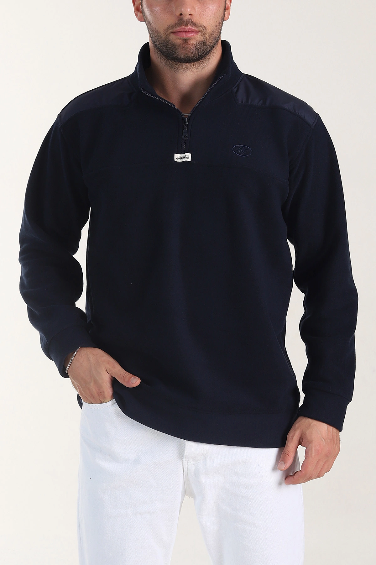 Lacivert Yarım Fermuarlı Nakış Detaylı Dik Yaka Polar Kumaş Erkek Sweatshirt 404239