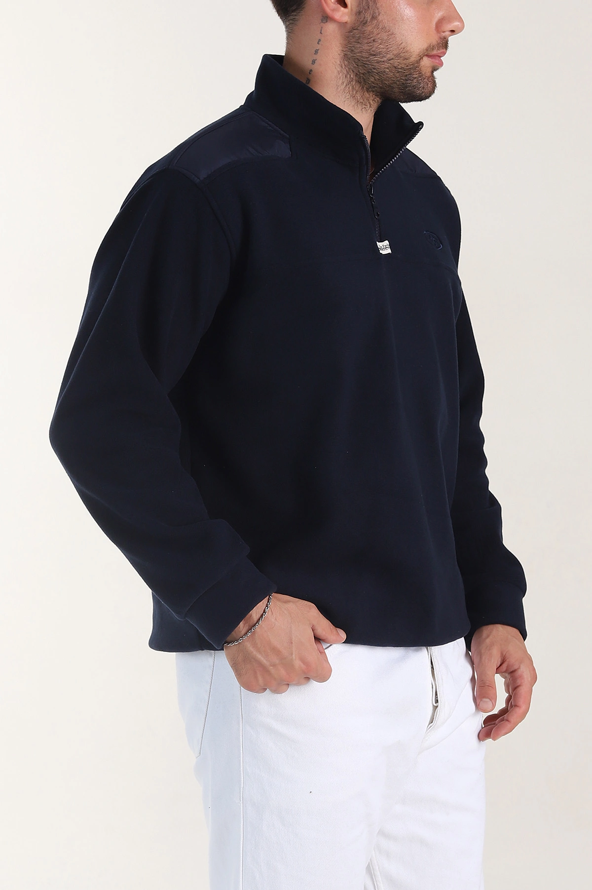 Lacivert Yarım Fermuarlı Nakış Detaylı Dik Yaka Polar Kumaş Erkek Sweatshirt 404239