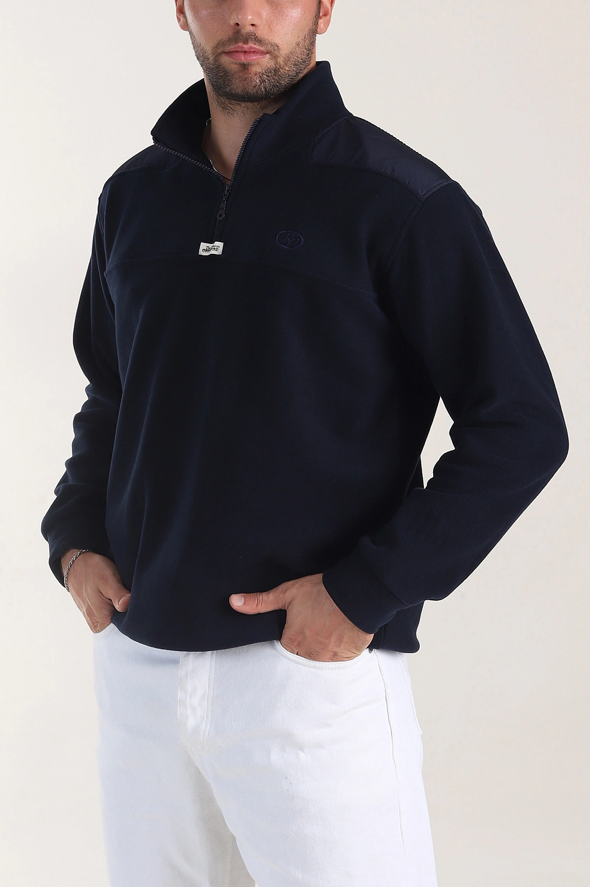 Lacivert Yarım Fermuarlı Nakış Detaylı Dik Yaka Polar Kumaş Erkek Sweatshirt 404239