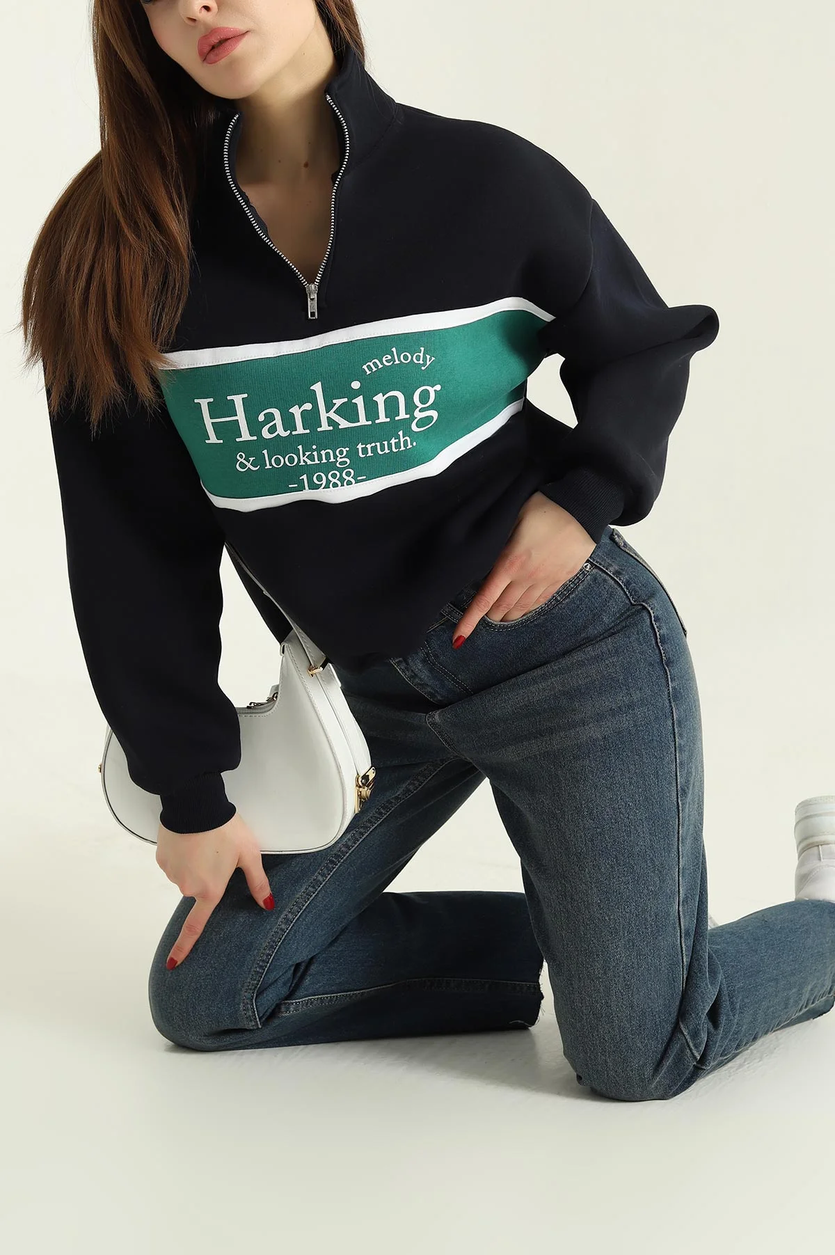 Lacivert Yarım Fermuarlı Üç İp Sweat 332919