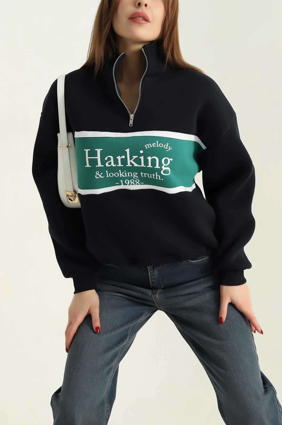 Lacivert Yarım Fermuarlı Üç İp Sweat 332919