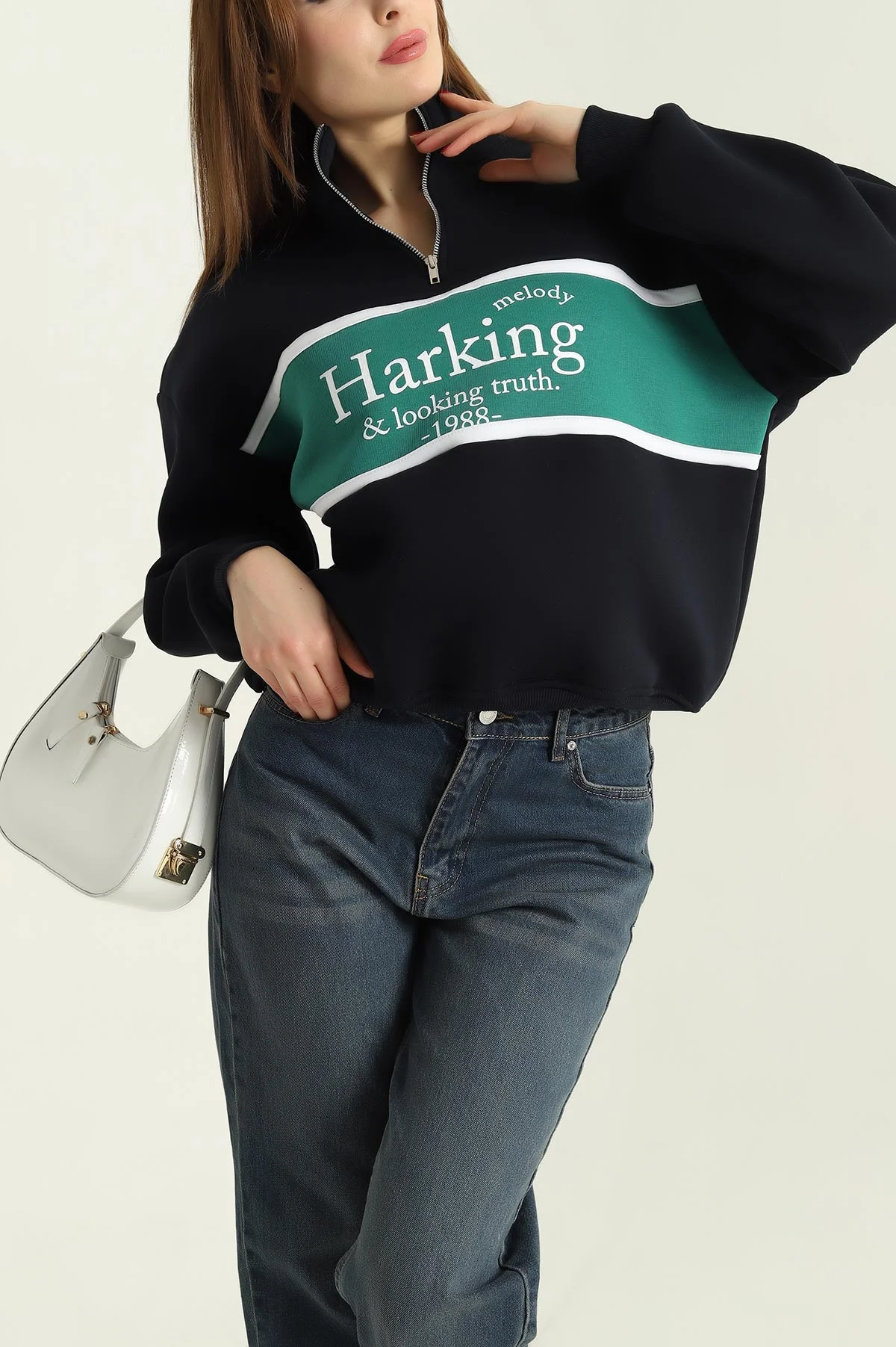Lacivert Yarım Fermuarlı Üç İp Sweat 332919
