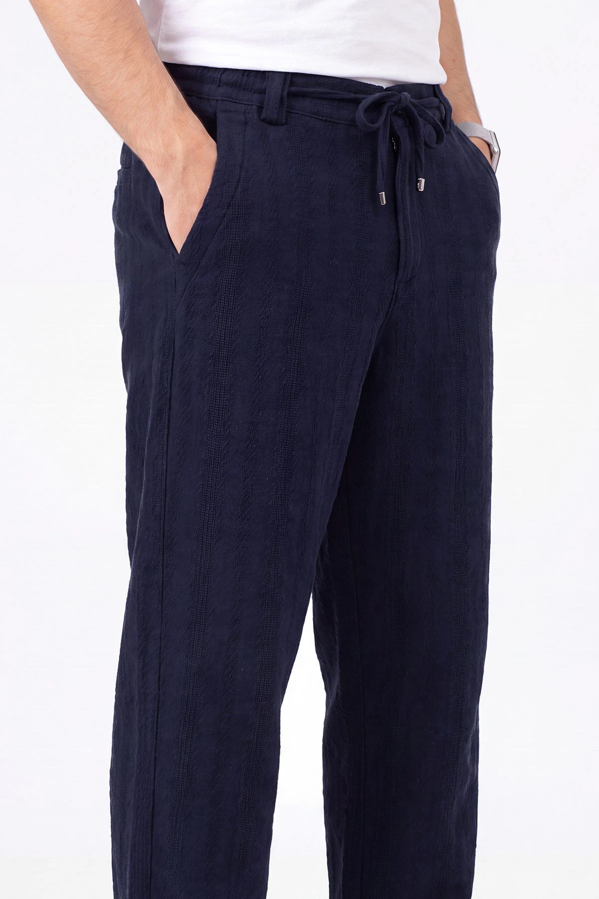Lacivert Yeni Sezon Keten Baggy Belden Bağlamalı Erkek Pantolon 471913