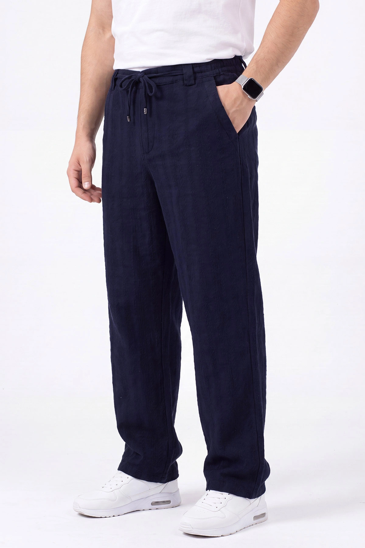 Lacivert Yeni Sezon Keten Baggy Belden Bağlamalı Erkek Pantolon 471913