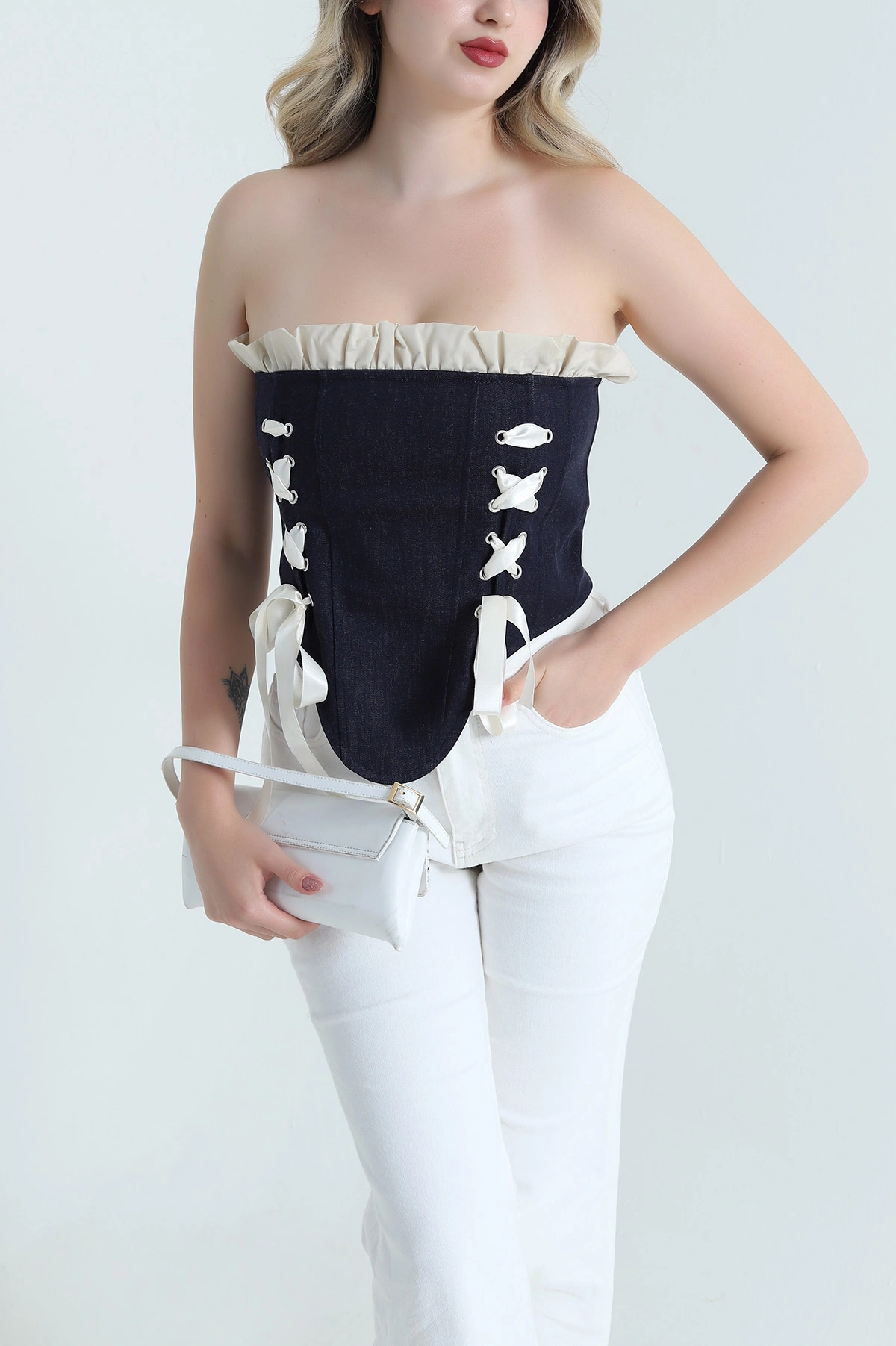 Lacivert Yeni Sezon Premium Kadın Kot Korse Bluz 466423