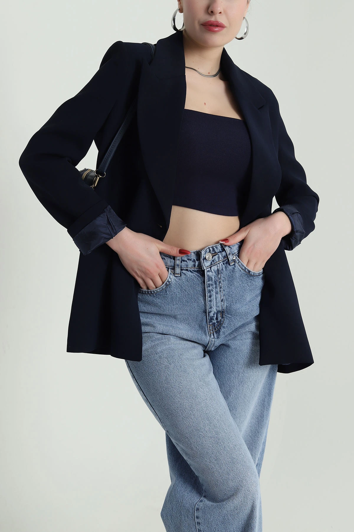 Lacivert Yeni Sezon Tek Düğme Astarlı Linda Double Kadın Ceket 425321