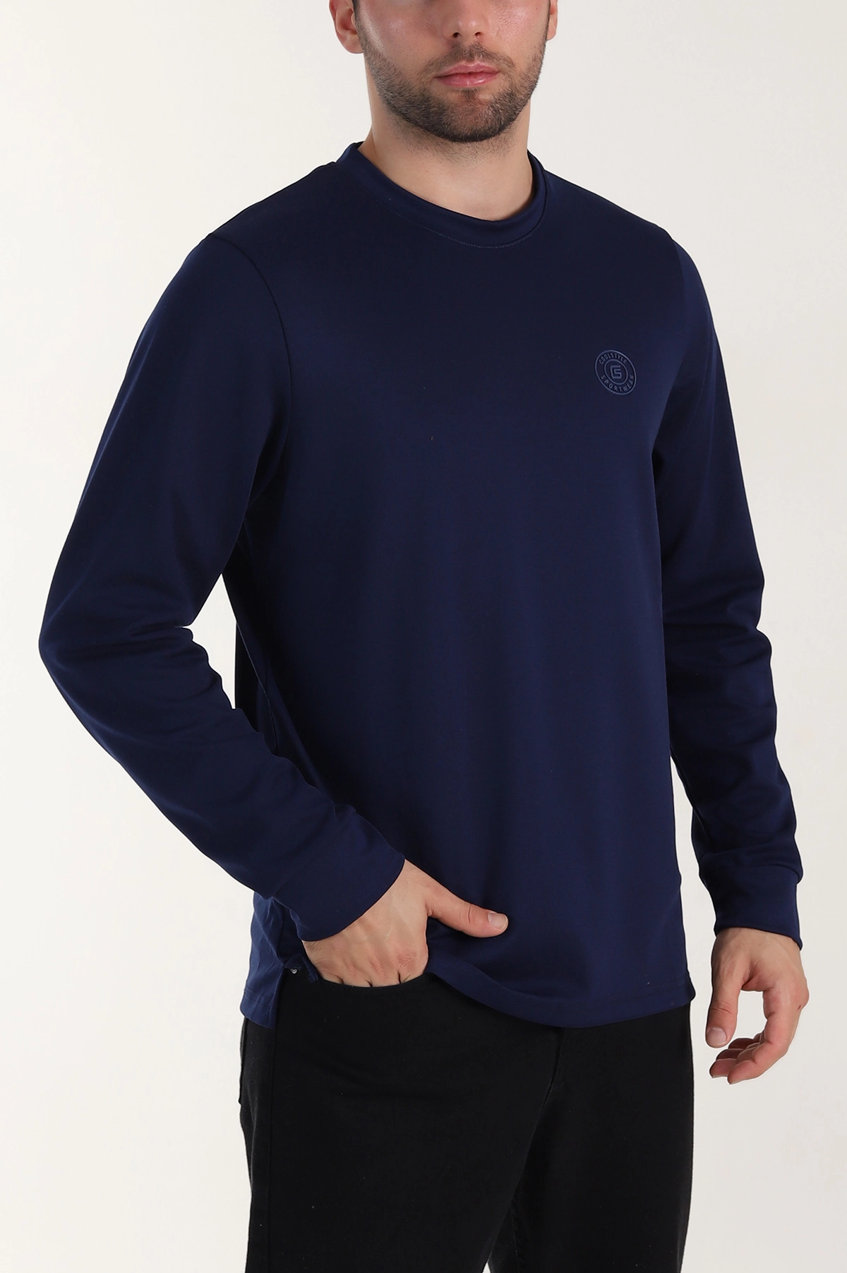 Lacivert Yırtmaçlı Bisiklet Yaka Erkek Sweatshirt 410638