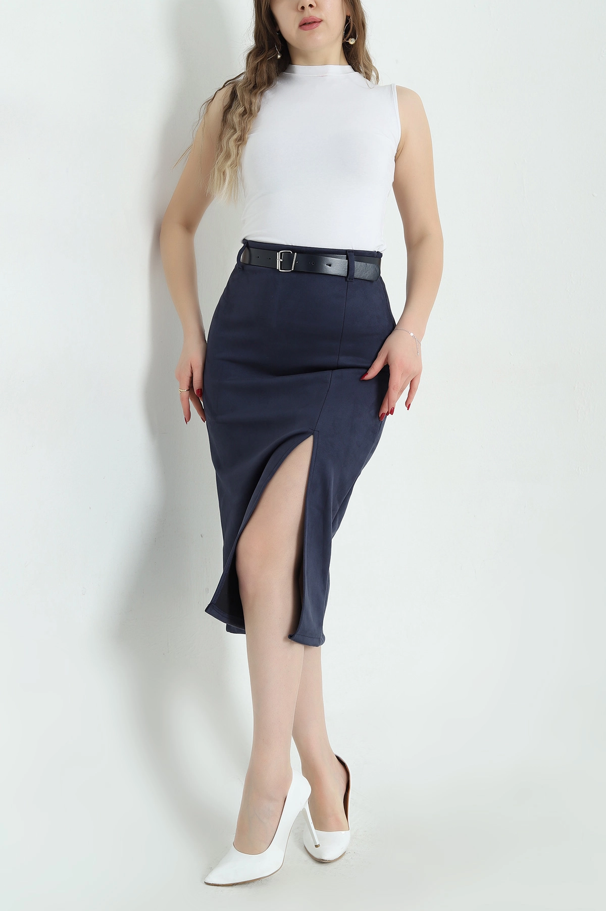 Lacivert Yırtmaçlı Fermuarlı Süet Etek 332946
