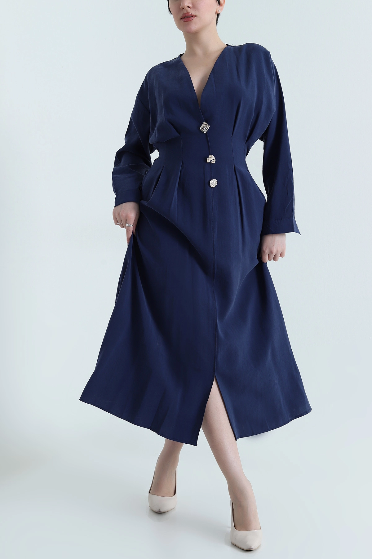 Lacivert Yırtmaçlı Tencel Kadın Elbise 449038