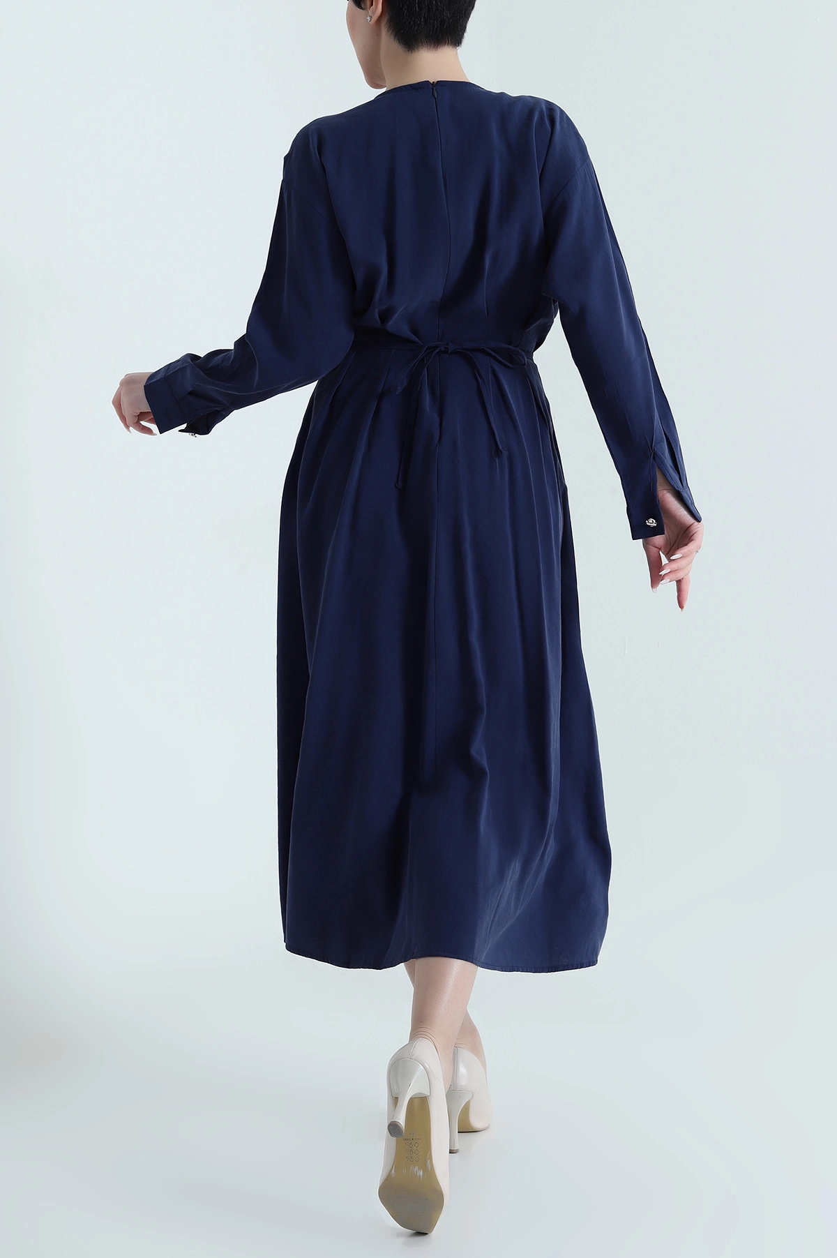 Lacivert Yırtmaçlı Tencel Kadın Elbise 449038