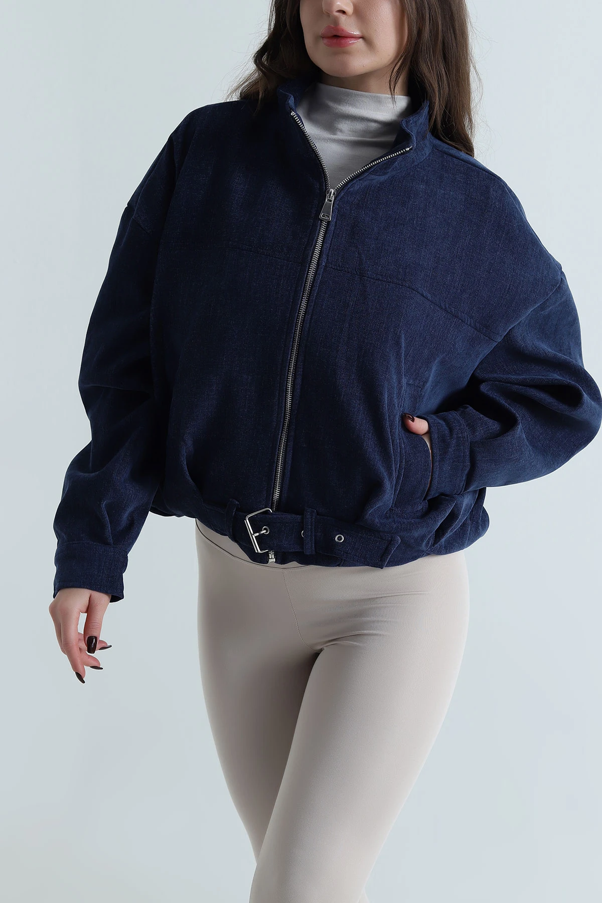 Lacivert Yüksek Yaka Denim Modal Kadın Mont 499351