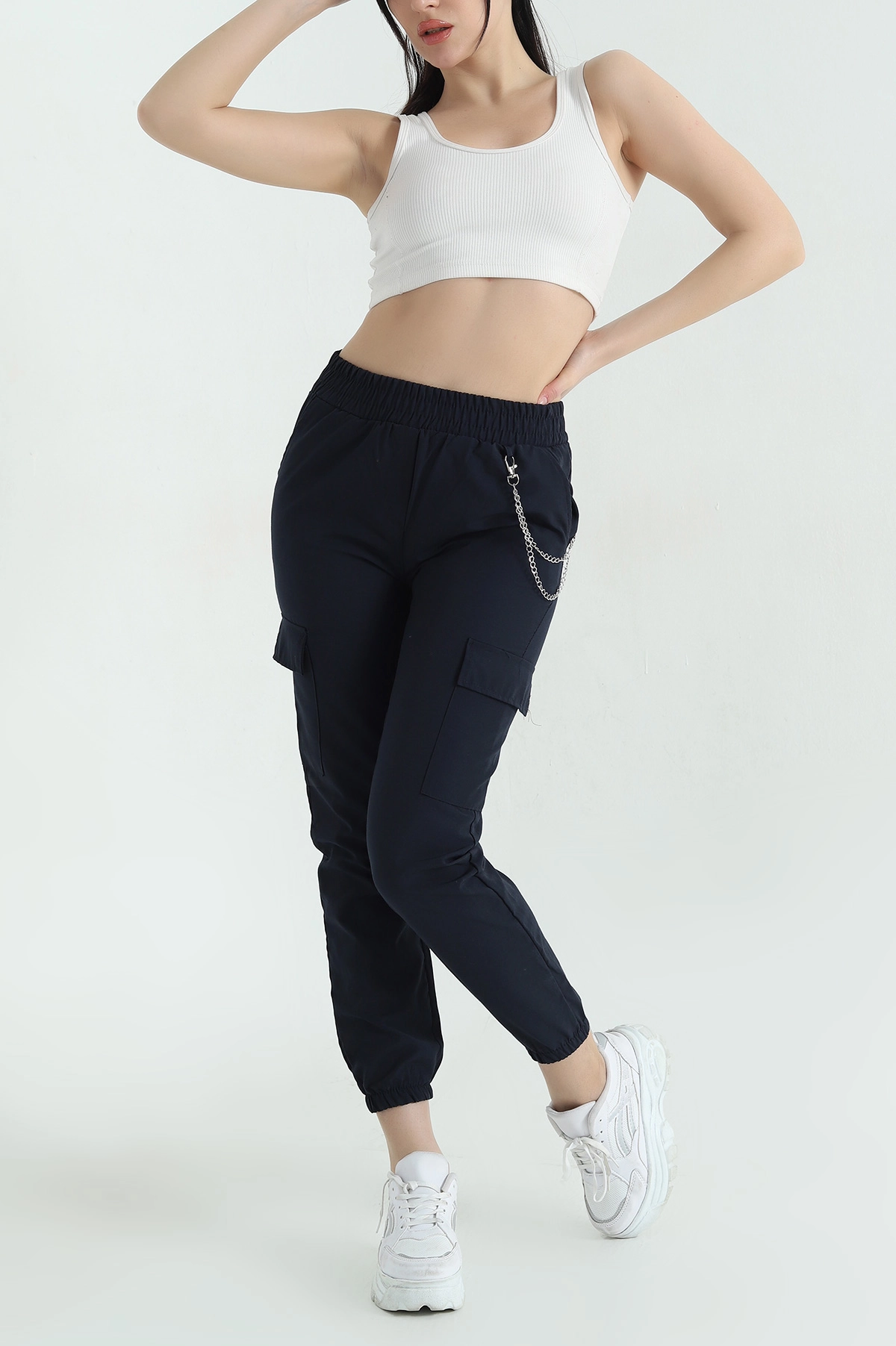 Lacivert Zincirli Kargo Cep Kadın Jogger Pantolon 356789