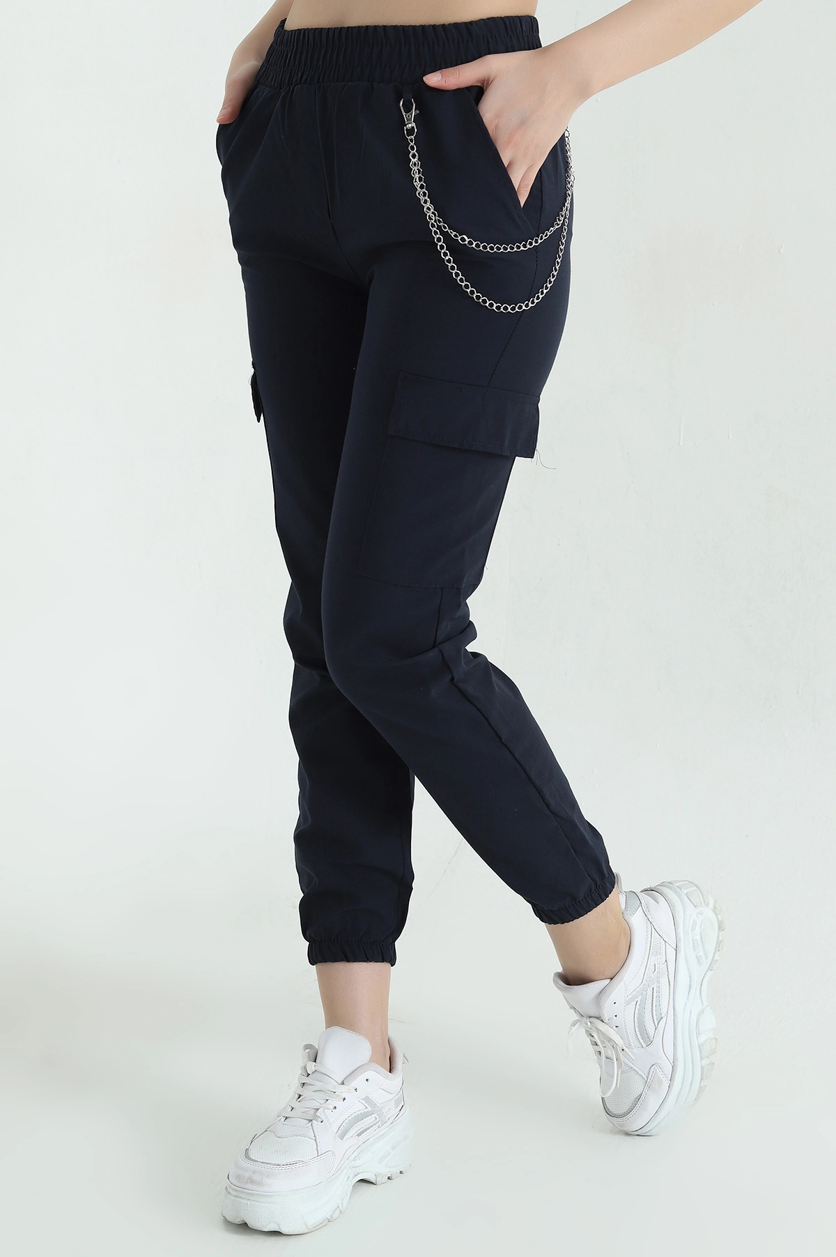 Lacivert Zincirli Kargo Cep Kadın Jogger Pantolon 356789