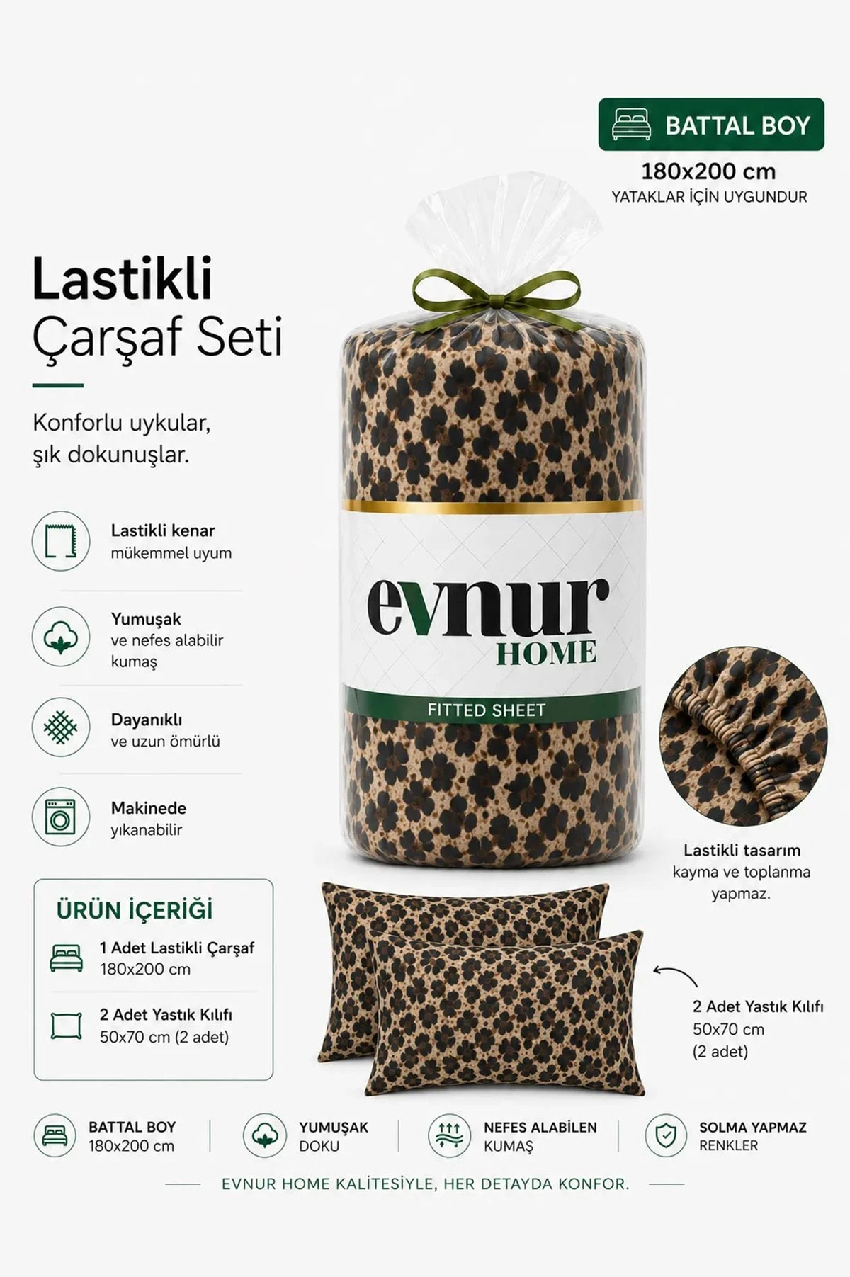 Leopar 180x200 Cm Evnur Home Desenli Çift Kişilik Fitted (Lastikli) Çarşaf Takımı 467363