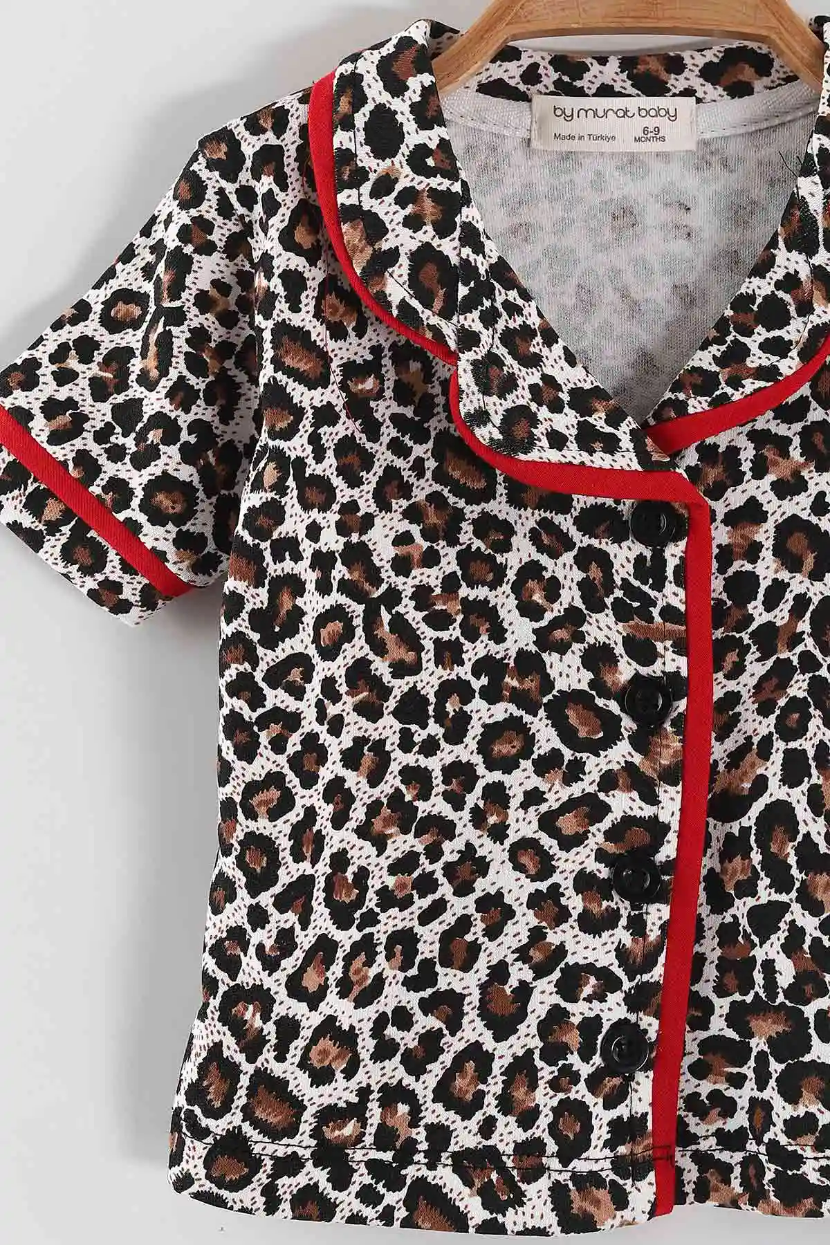 Leopar (6-24 Ay)Leopar Desen Siyah Biyeli  Kısa Kol Düğmeli Bebek Pijama Takım 463106