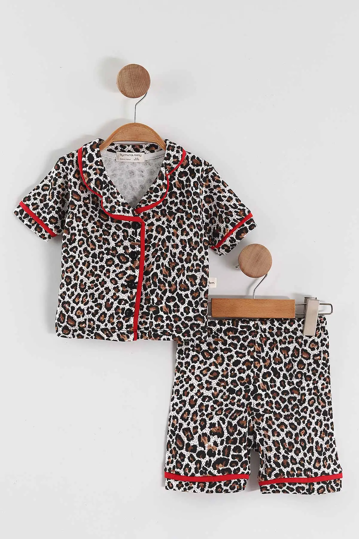 Leopar (6-24 Ay)Leopar Desen Siyah Biyeli  Kısa Kol Düğmeli Bebek Pijama Takım 463106