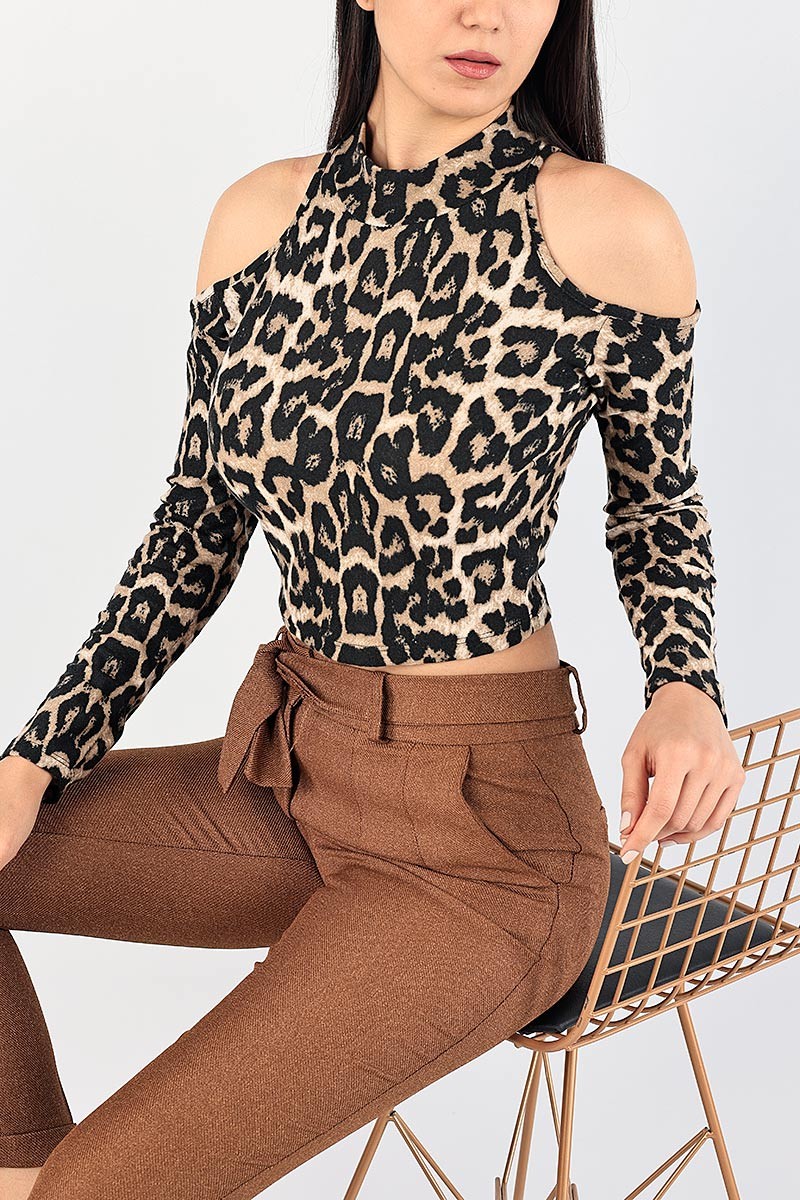 Leopar Açık Omuz Süet Bluz 87621