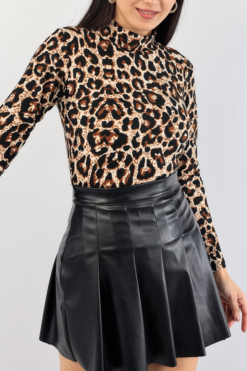 Leopar Balıkçı Yaka Süet Crop Bluz 89251