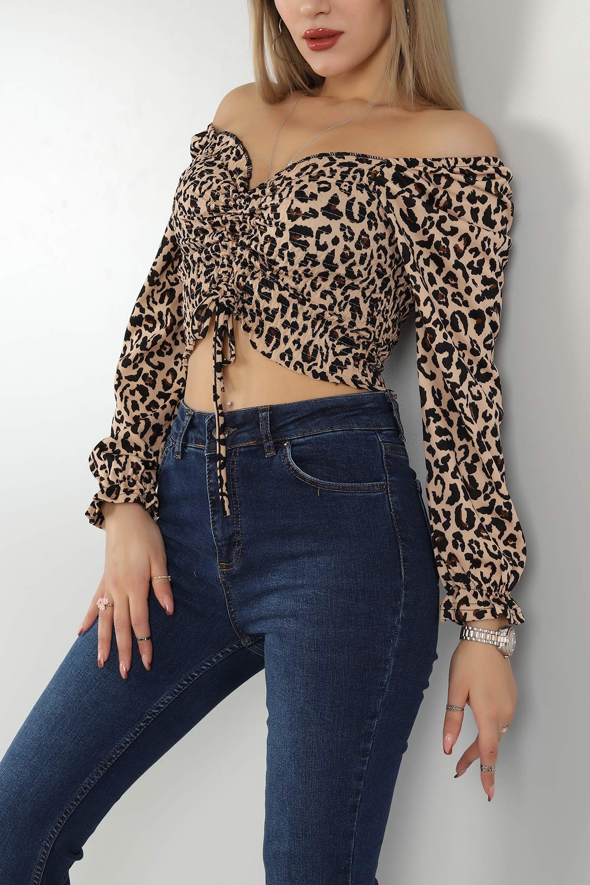 Leopar Beli Gipeli Sıkmalı Bluz 142882