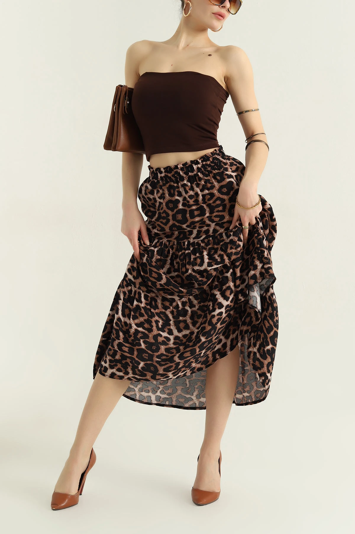 Leopar Beli Lastikli Dokuma Viskon Kadın Etek 346531