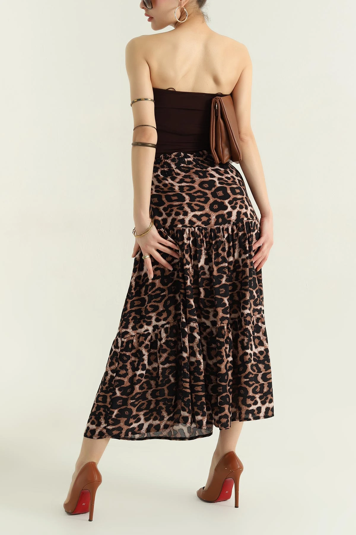Leopar Beli Lastikli Dokuma Viskon Kadın Etek 346531