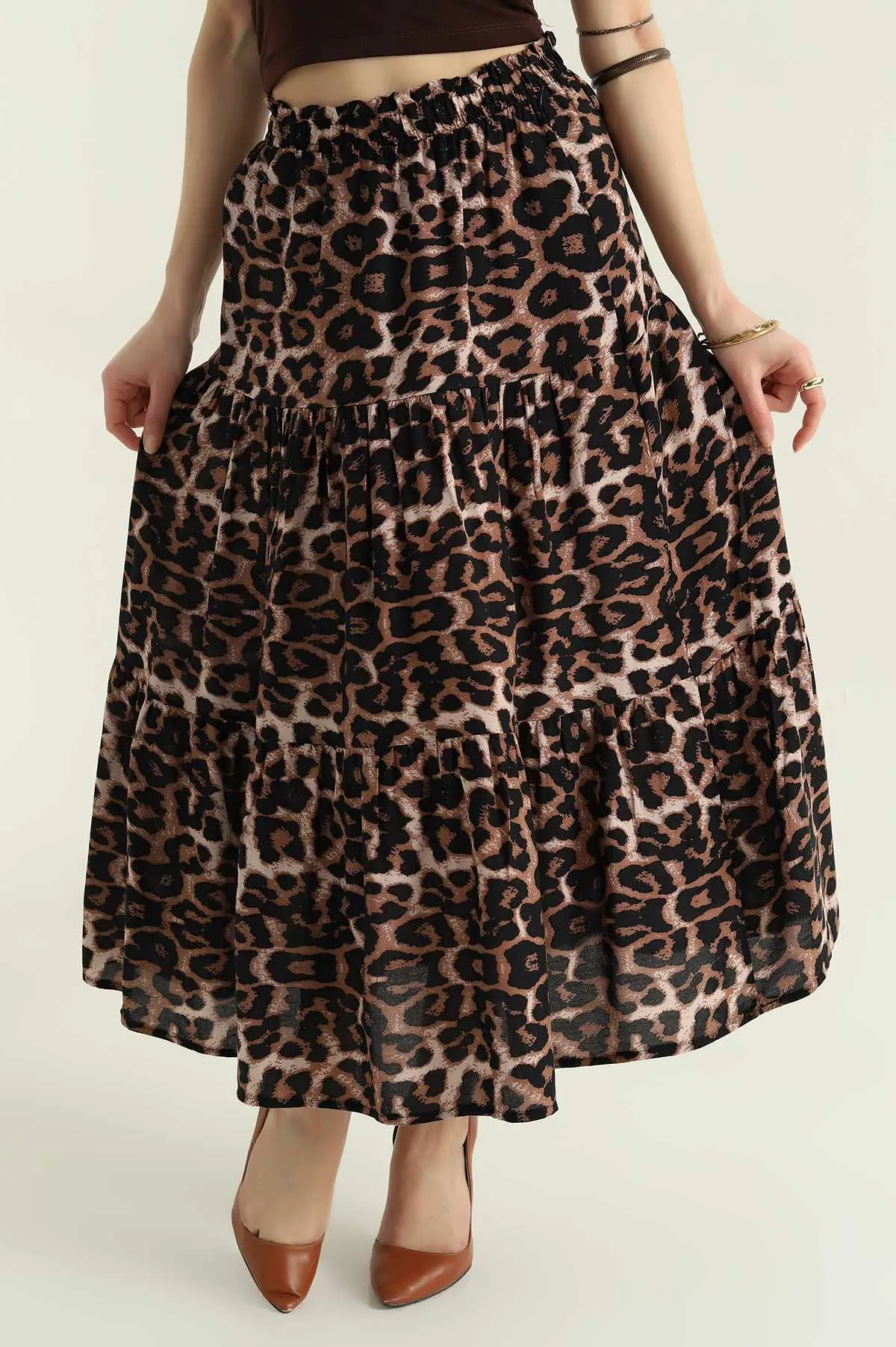 Leopar Beli Lastikli Dokuma Viskon Kadın Etek 346531