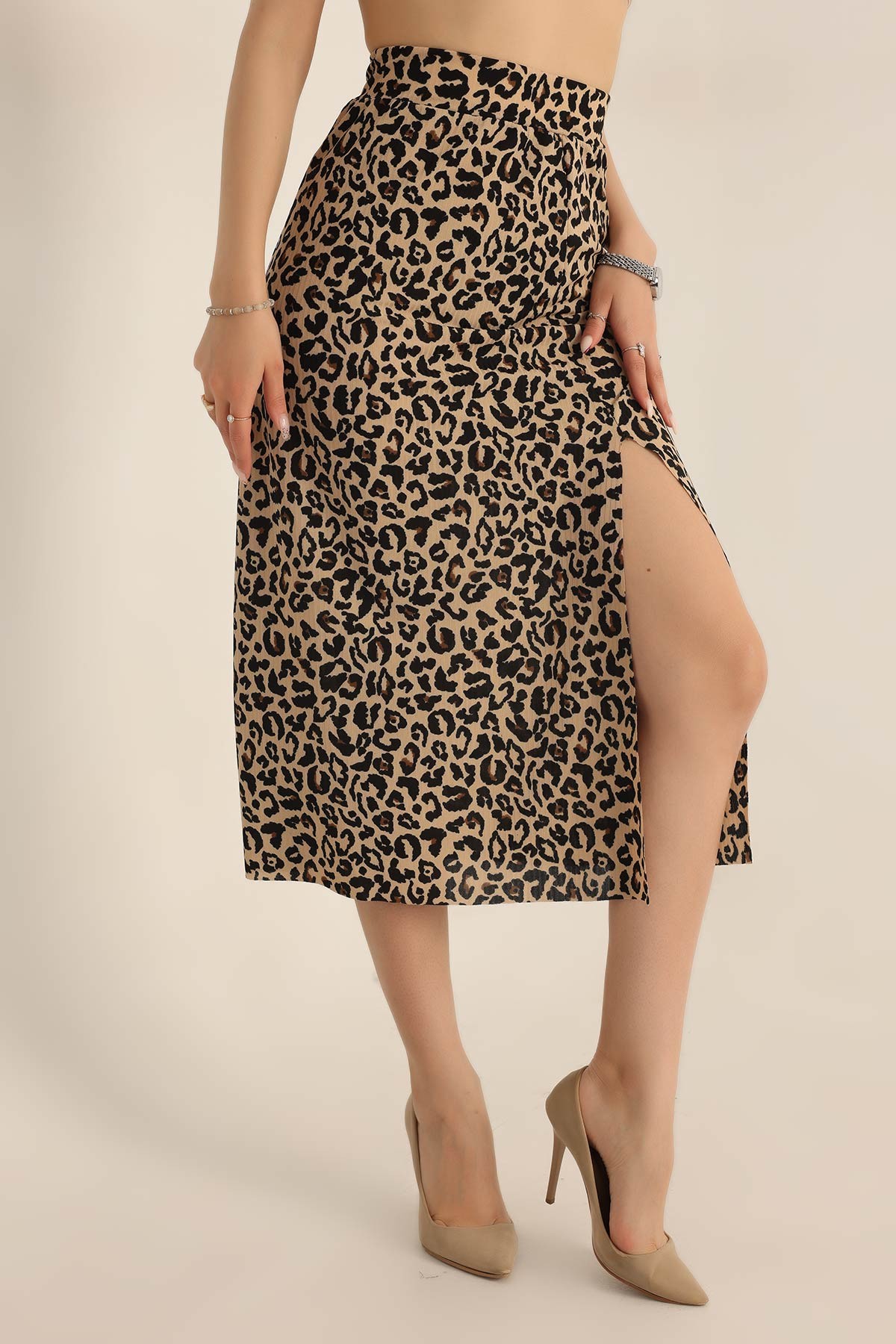 Leopar Beli Lastikli Yırtmaçlı Etek 183148