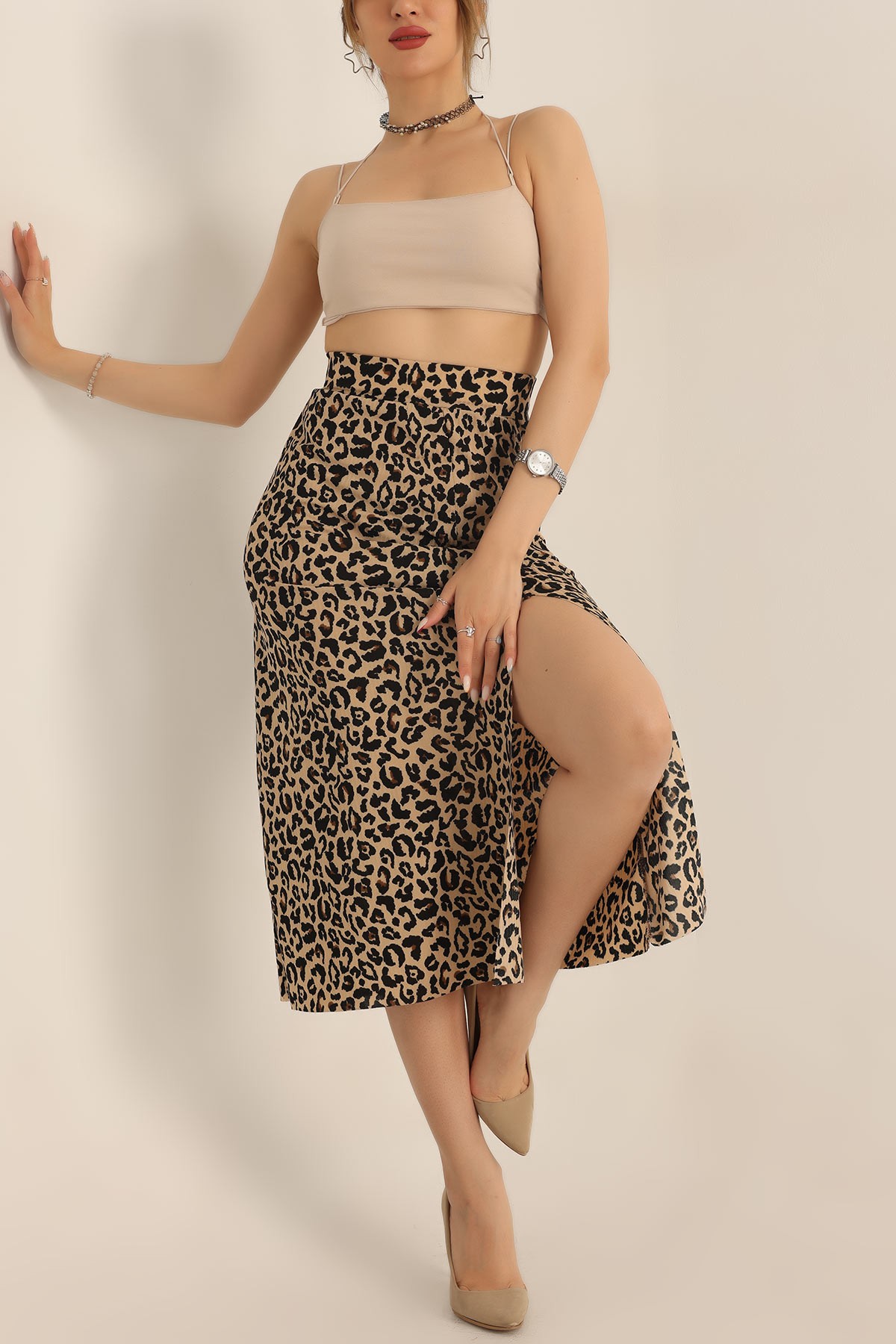 Leopar Beli Lastikli Yırtmaçlı Etek 183148
