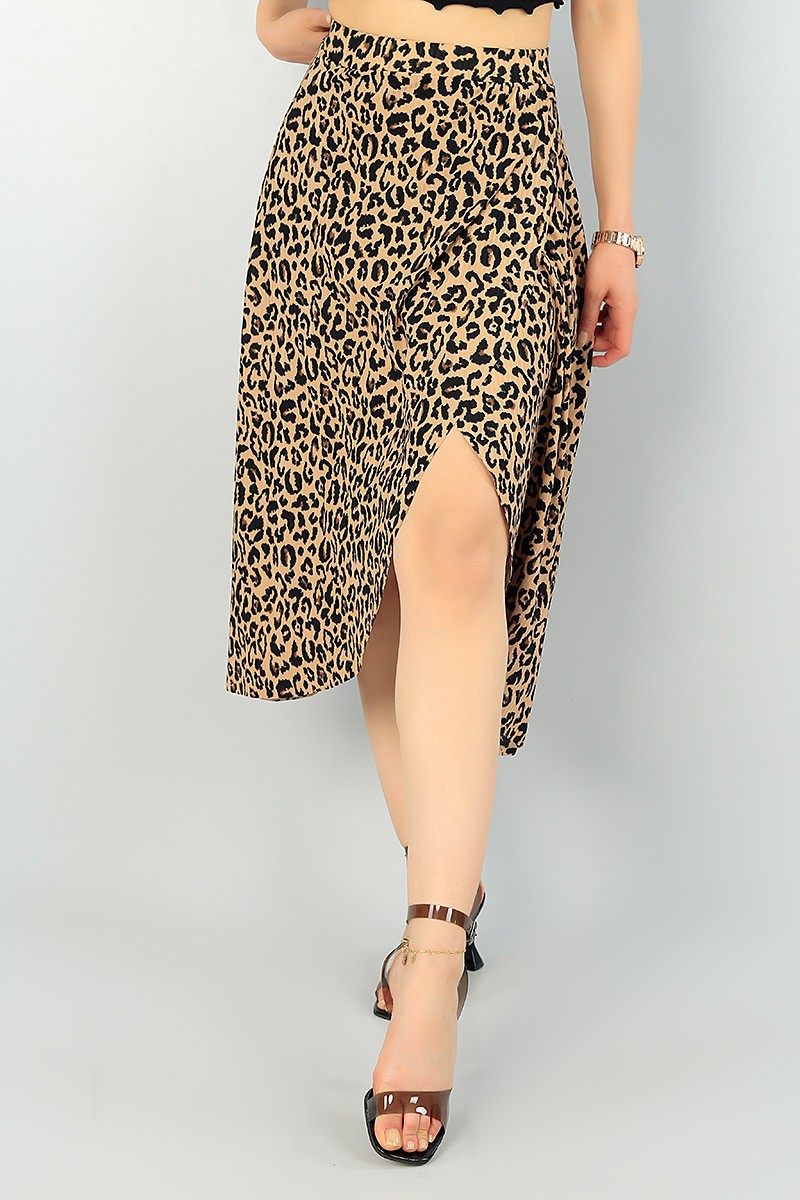 Leopar Beli Lastikli Yırtmaçlı Etek 67781
