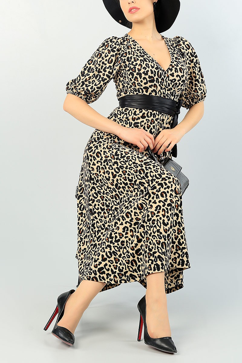 Leopar Desen Balon Kol Kemerli Elbise 66773