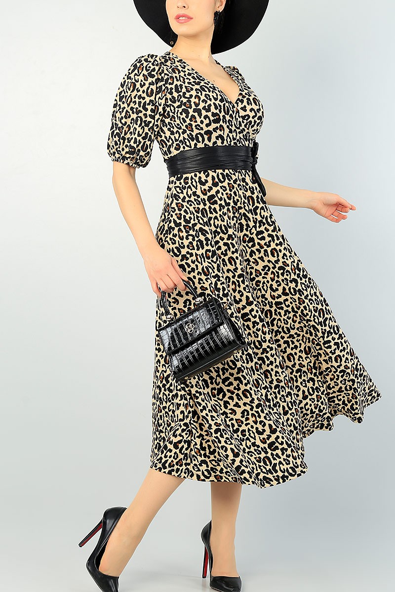 Leopar Desen Balon Kol Kemerli Elbise 66773