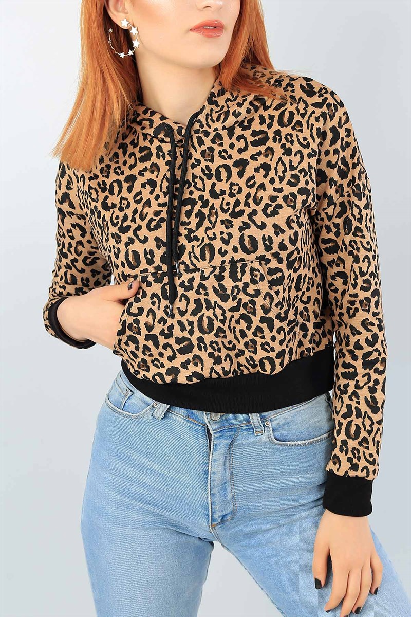 Leopar Desen Bayan Kapüşonlu Sweat 41034