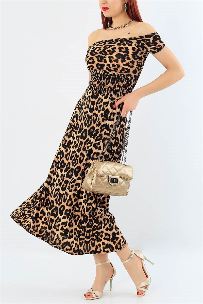 Leopar Desen Beli Gipeli Madonna Yaka Elbise 32983
