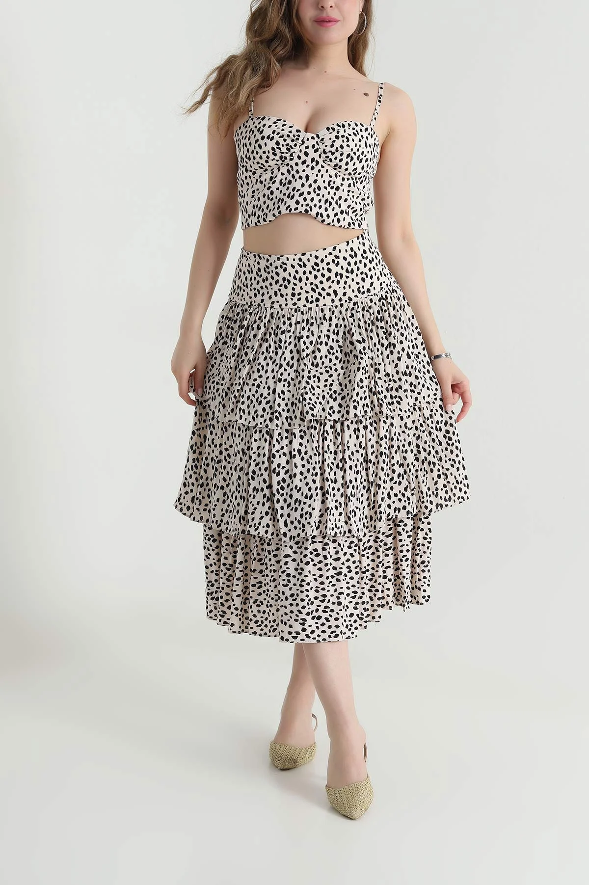 Leopar Desen Modal Empirme Etek Crop İkili Takım 473625
