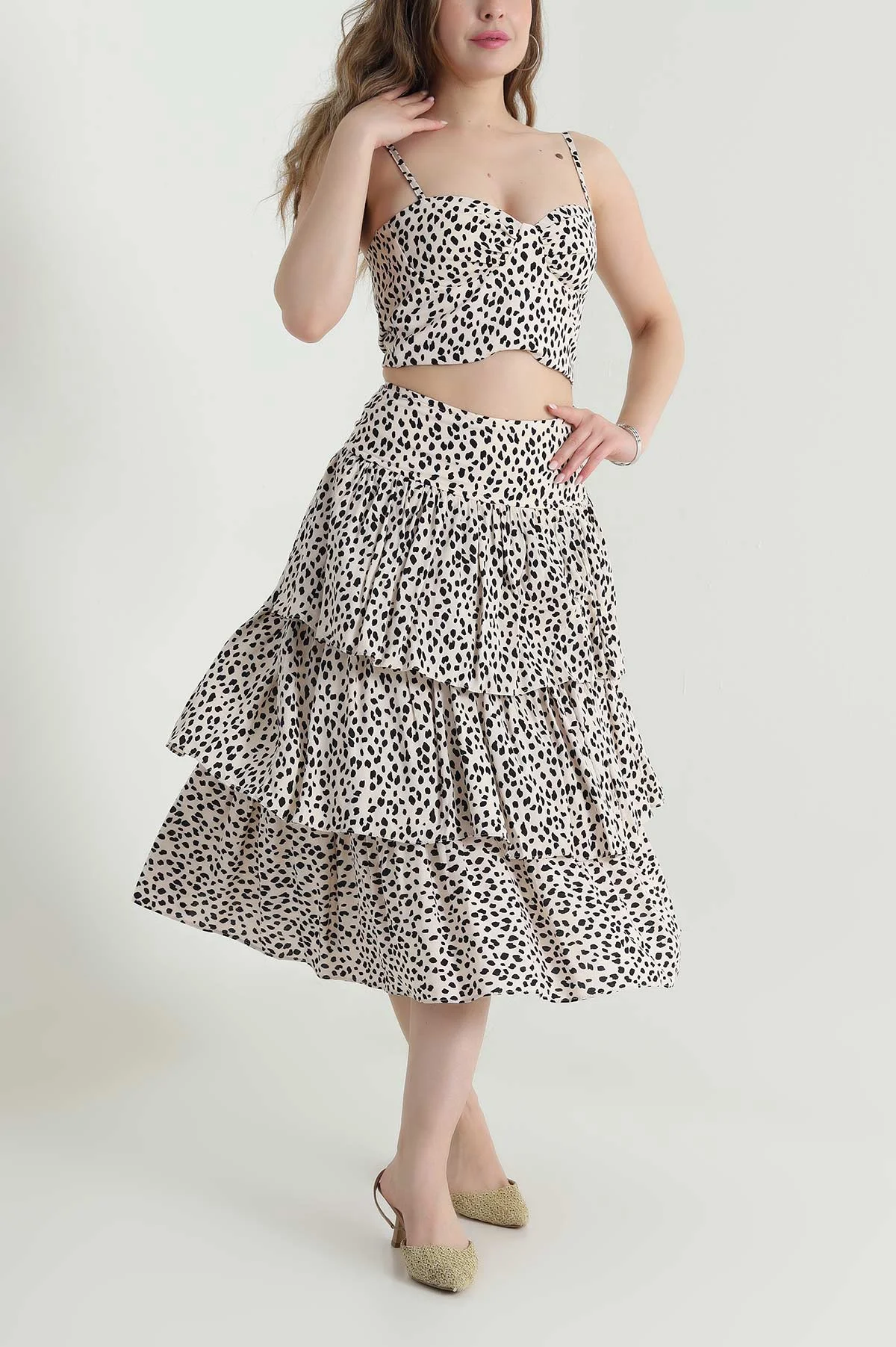 Leopar Desen Modal Empirme Etek Crop İkili Takım 473625