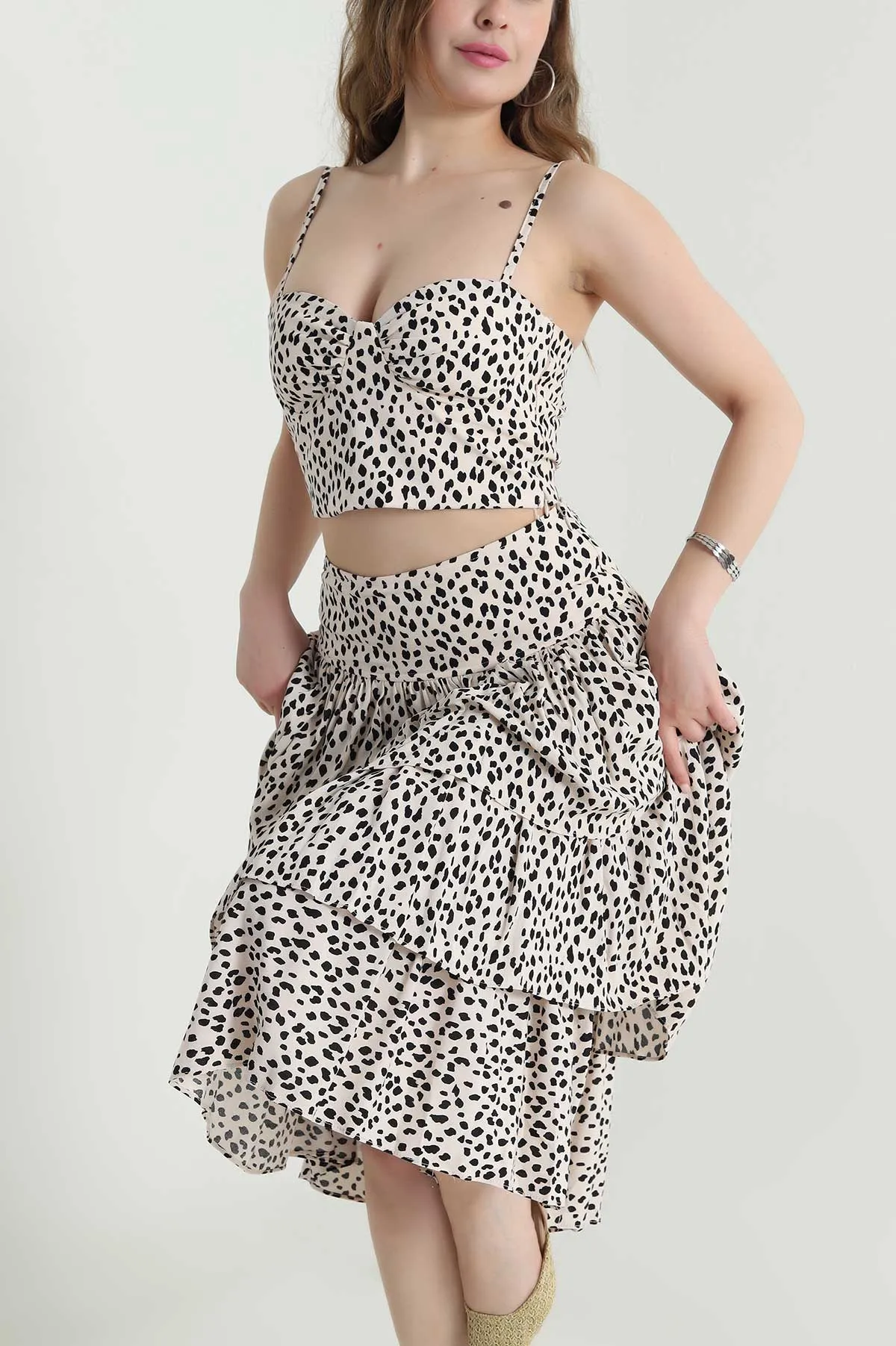 Leopar Desen Modal Empirme Etek Crop İkili Takım 473625